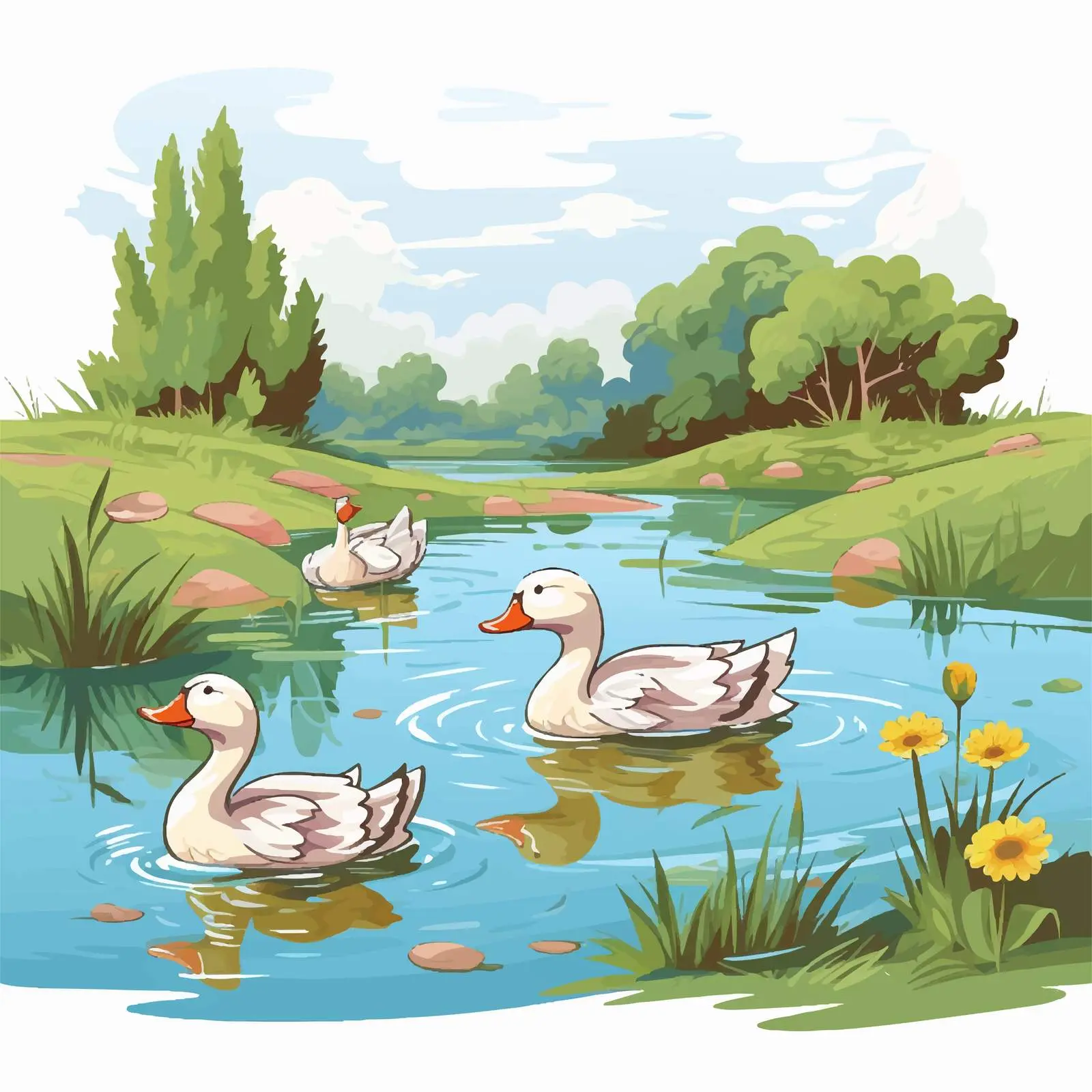 Ducks in a Serene Pond Vector Illustration — free download from Dotvec