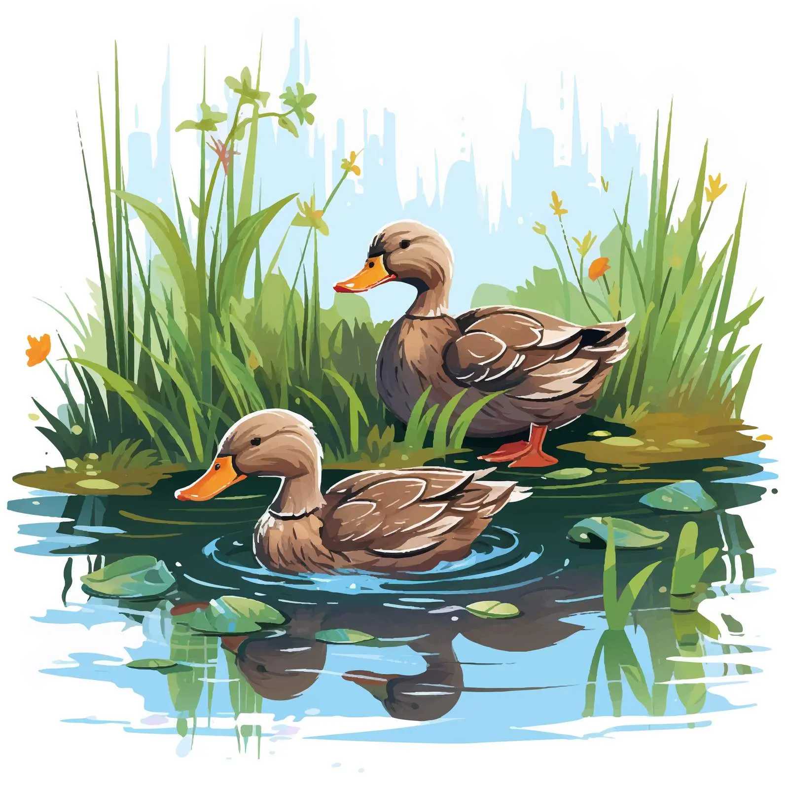 Serene Pond with Ducks Vector Illustration — free download from Dotvec