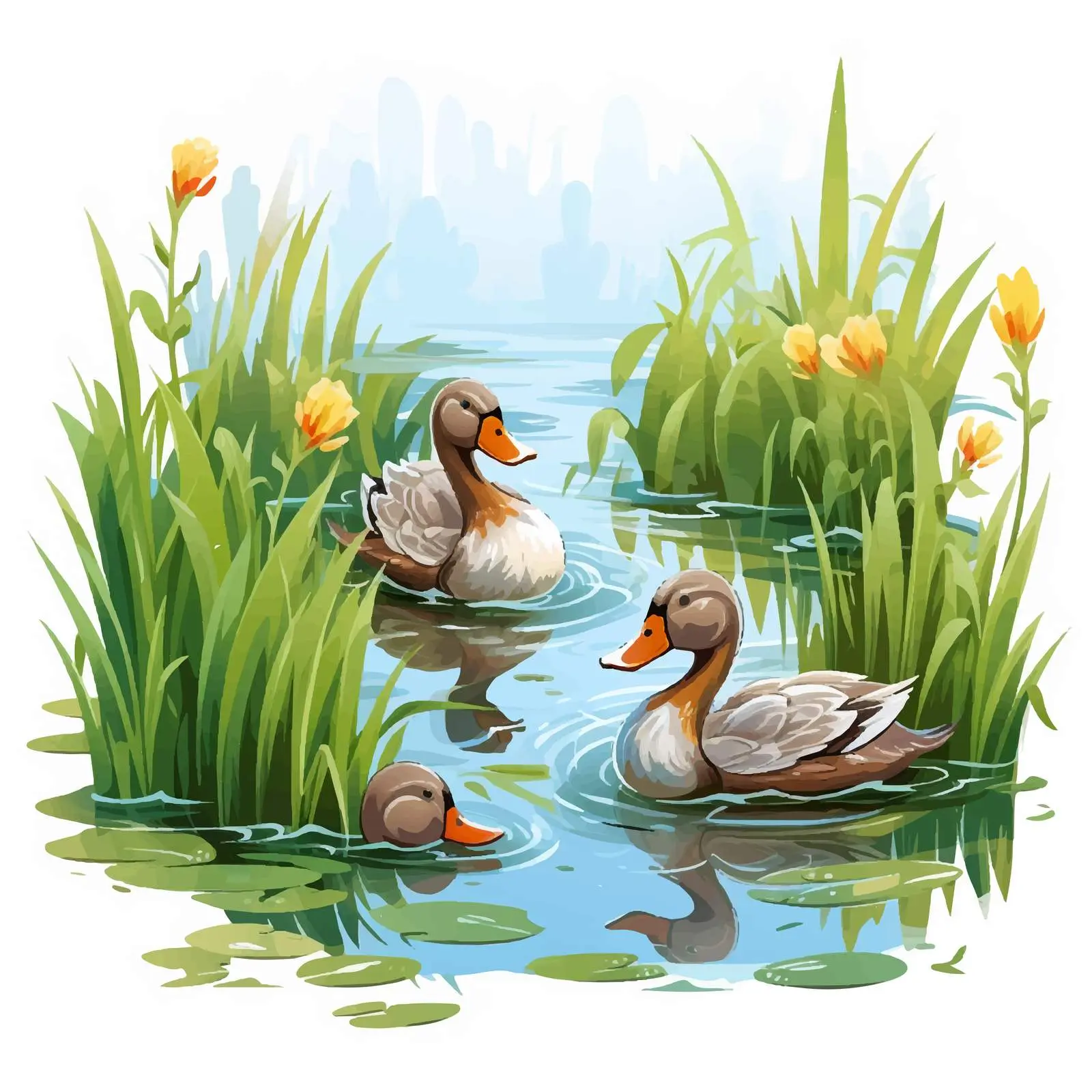 Ducks in Tranquil Pond Vector Illustration — free download from Dotvec