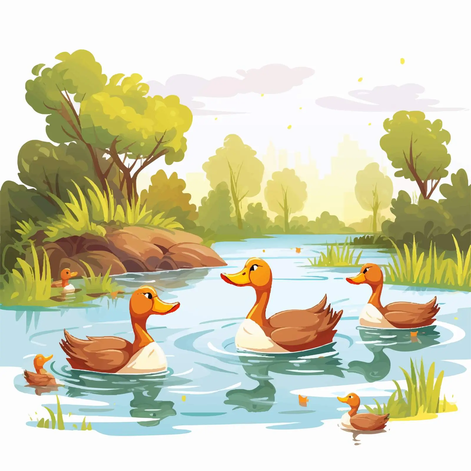 Ducks in a Tranquil Pond Vector Illustration — free download from Dotvec