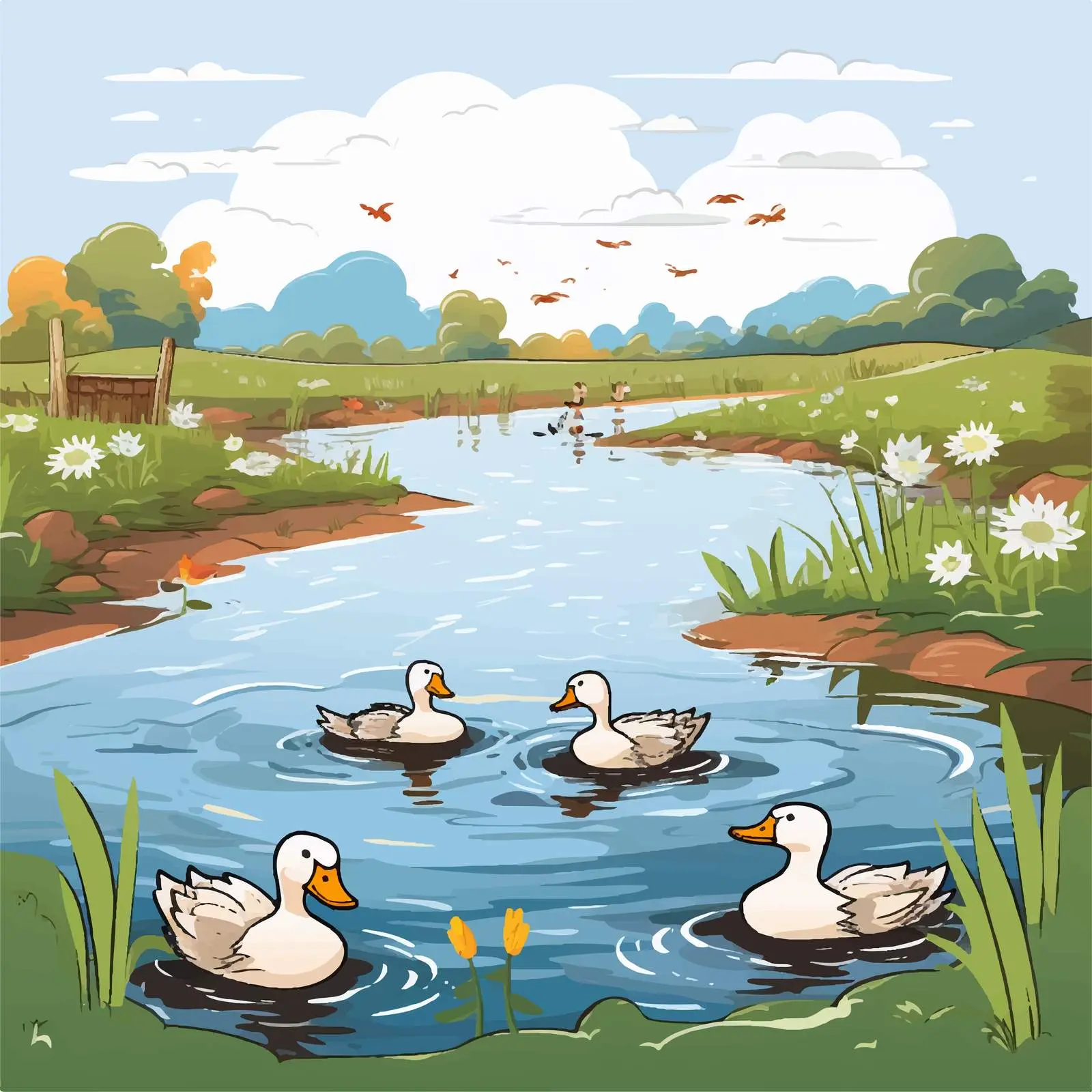 Ducks Swimming in Farm Pond Vector Illustration – free playful duck image from Dotvec