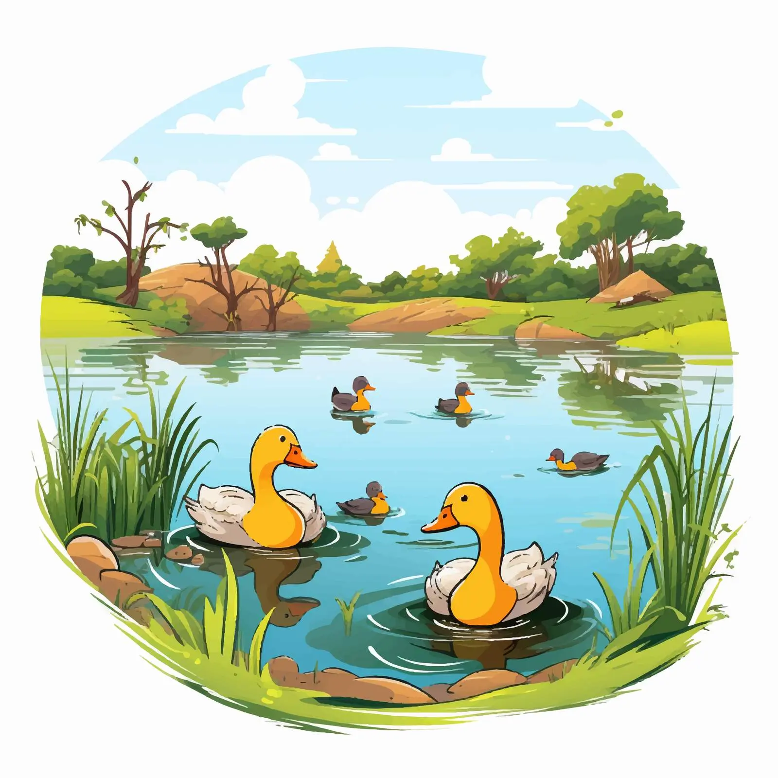 Ducks Swimming in a Farm Pond Vector Illustration — free download from Dotvec