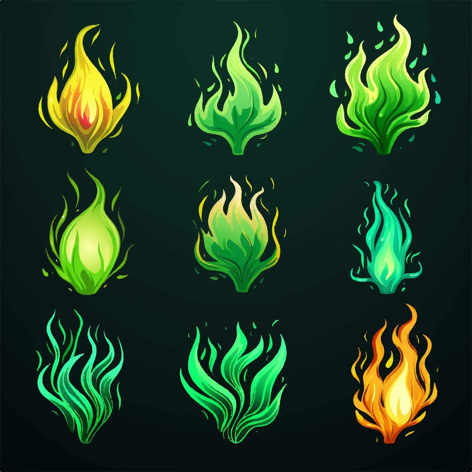 Set of Magic Green Fire Flame Icons — free download from Dotvec