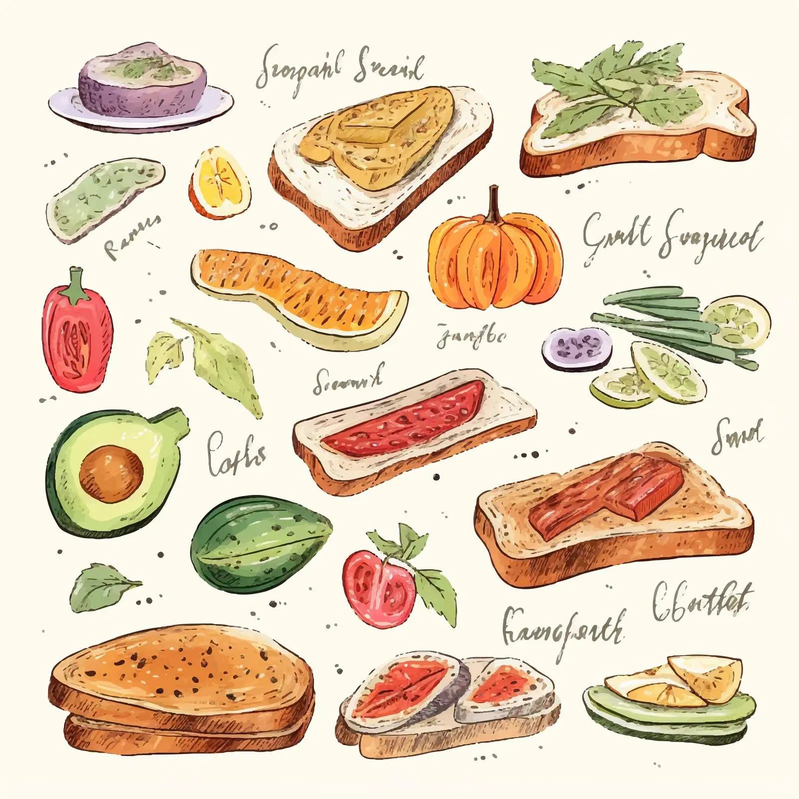 Vegetable and Fish Toast Recipe Illustration – free toasted bread image from Dotvec
