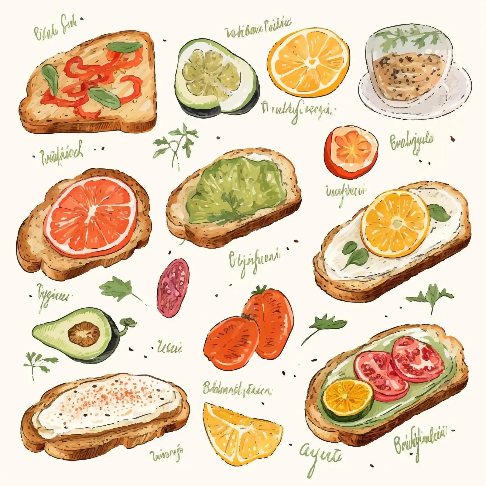 Vegetable and Fish Toast Recipe Illustration – free culinary illustration image from Dotvec