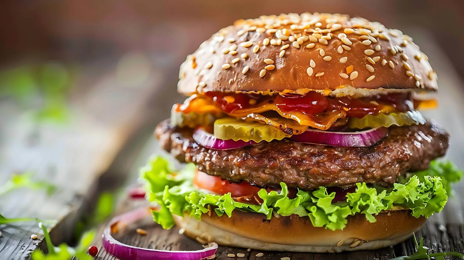 Delicious Burger on Wooden Table — free download from Dotvec