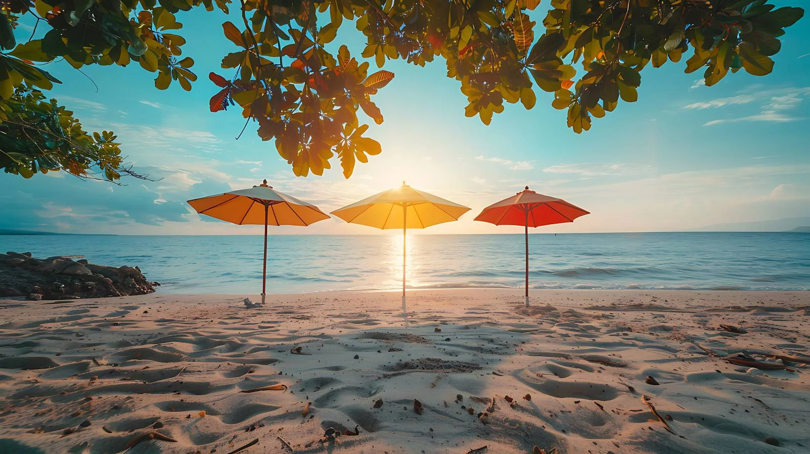 Tropical Sunset Beach Umbrellas View — free download from Dotvec