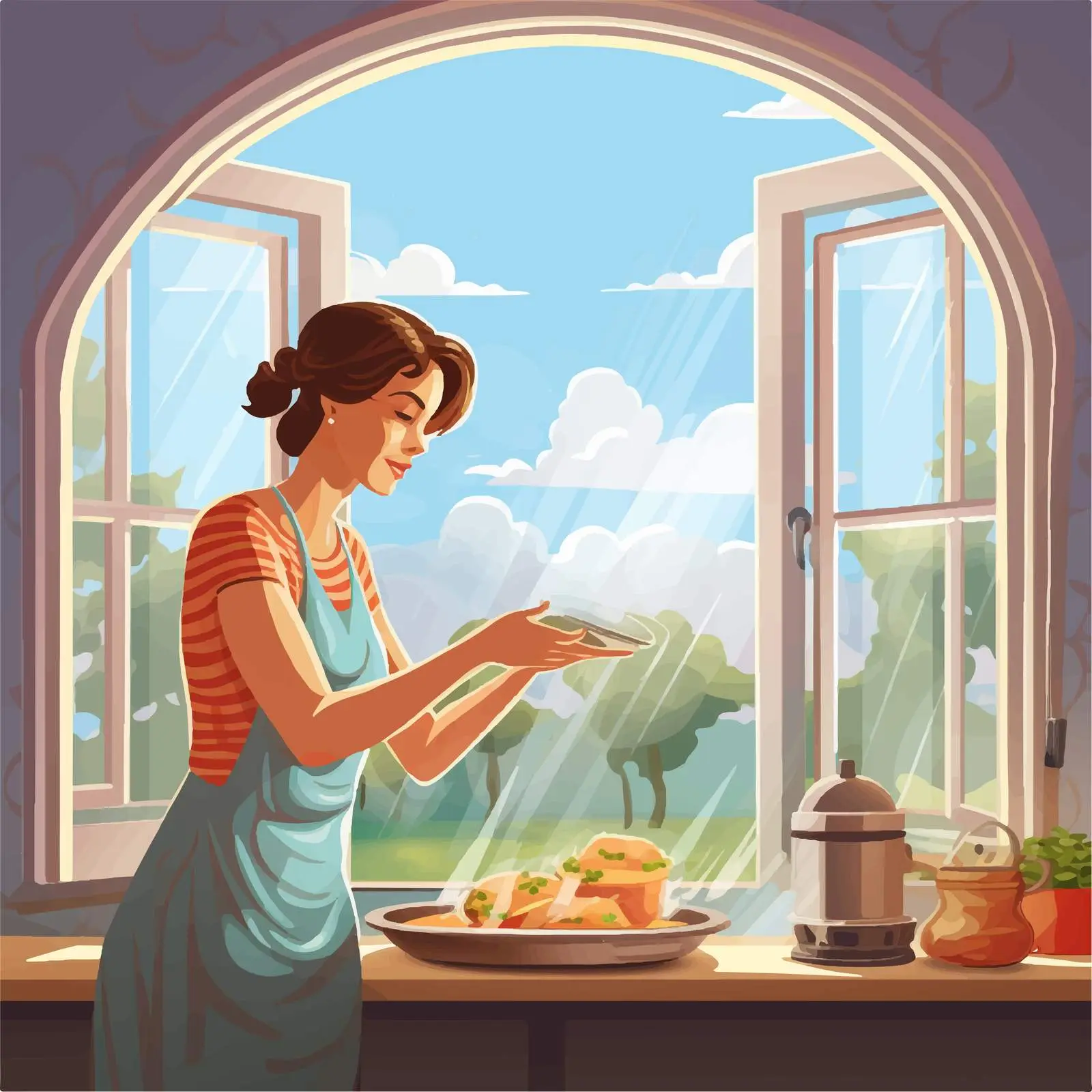 Woman Cooking Illustration Through Window — free download from Dotvec