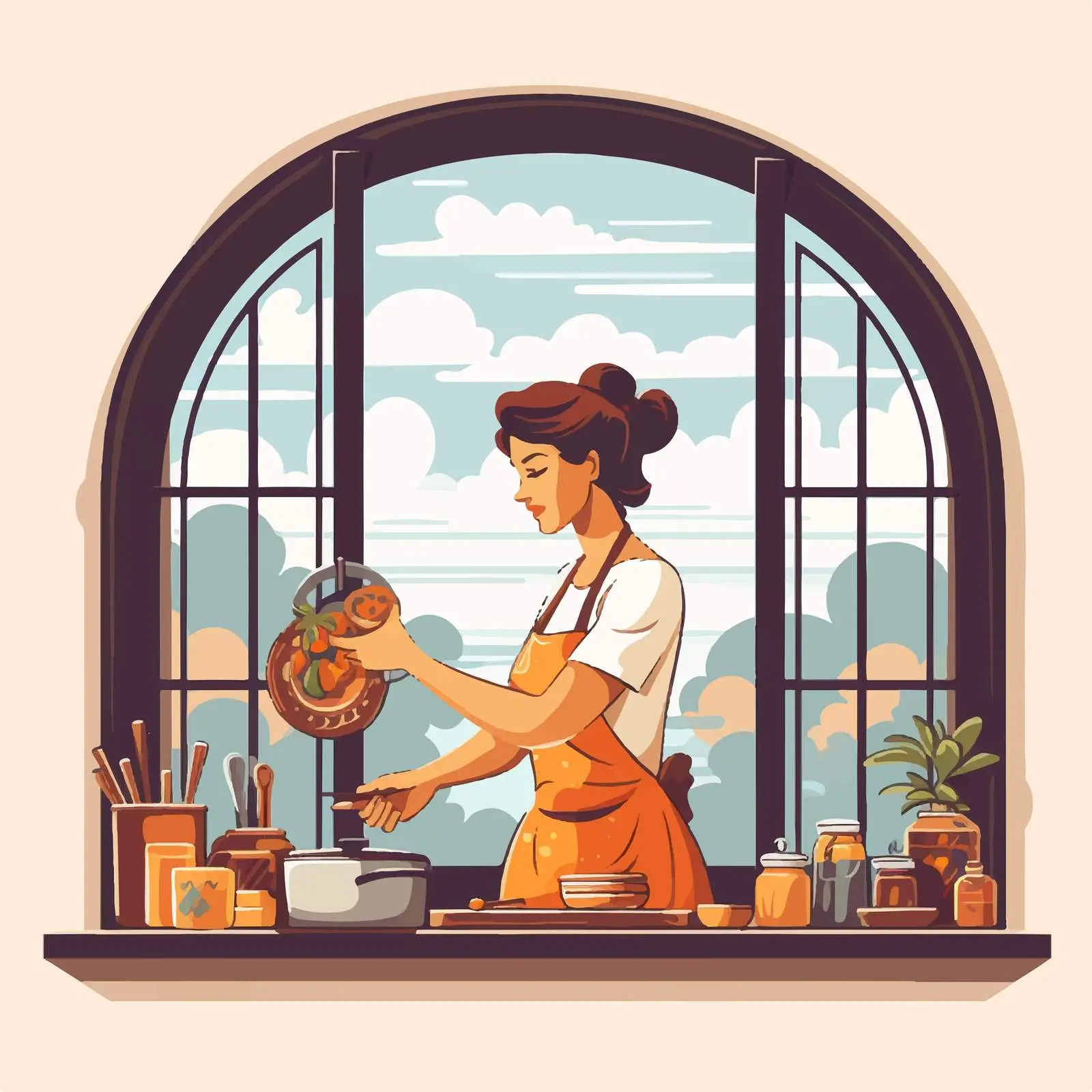 Woman Cooking Through Window Illustration Vector — free download from Dotvec