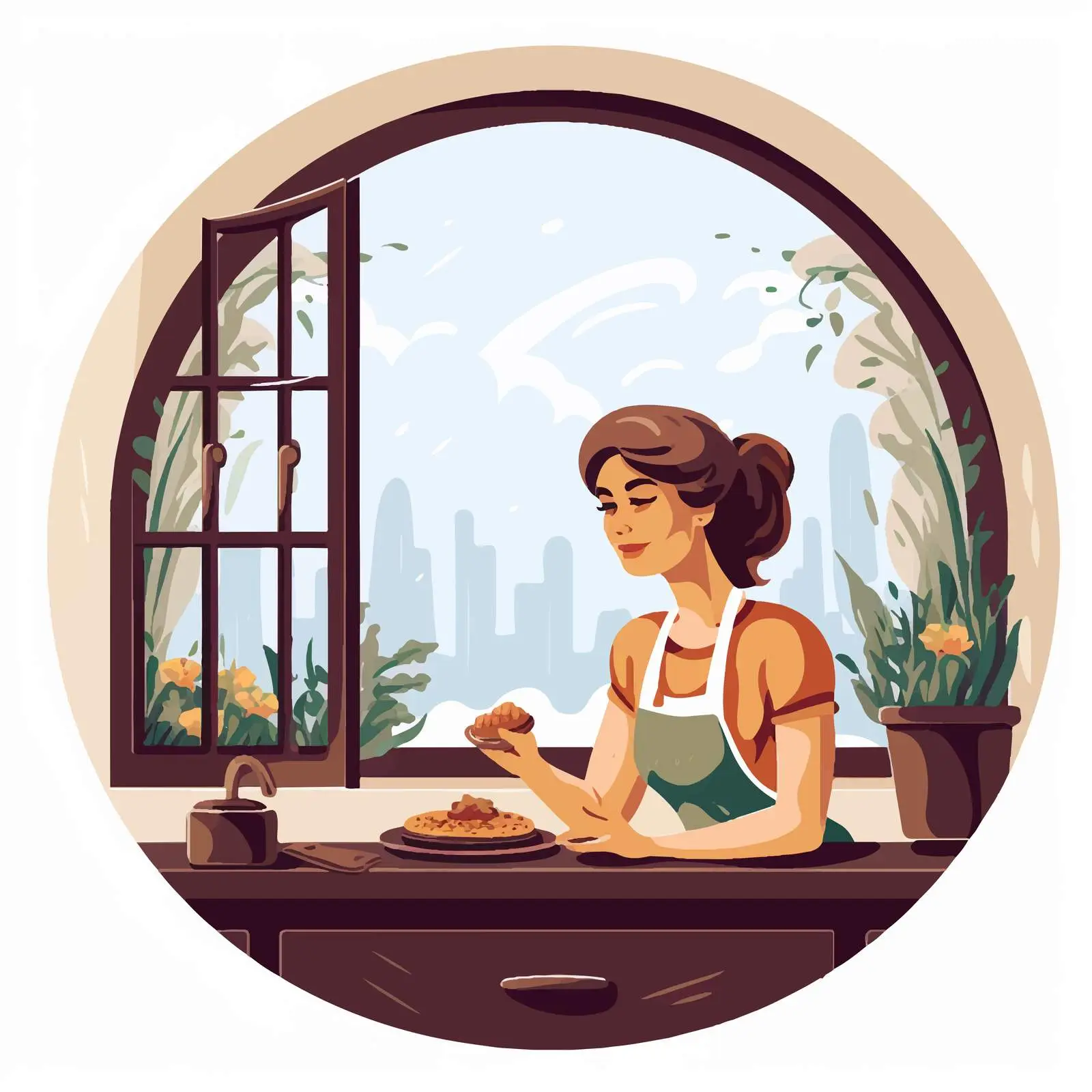 Woman Cooking Through Window Illustration — free download from Dotvec