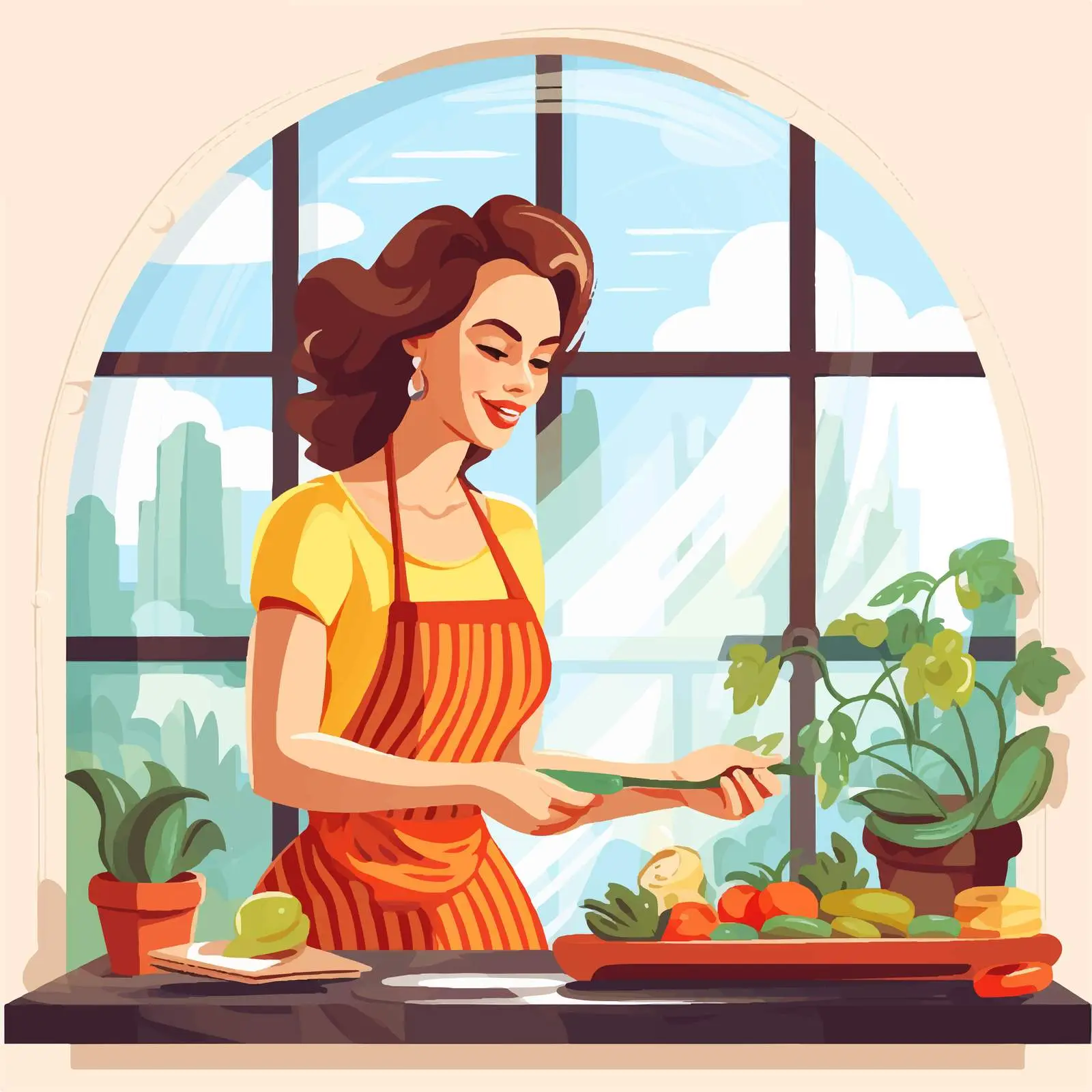 Woman Cooking Through Window Illustration — free download from Dotvec