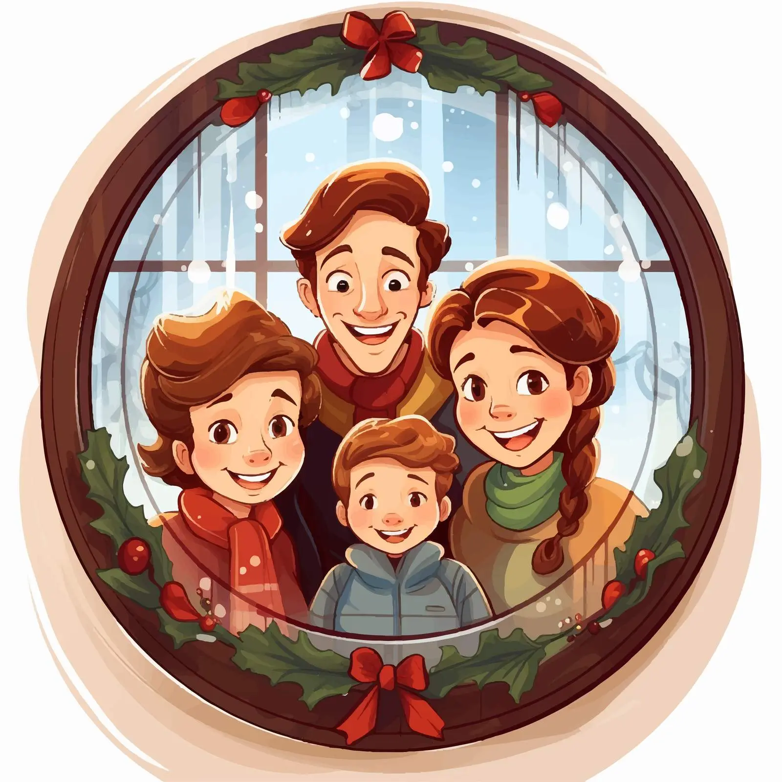 Family Christmas Celebration Through Window Illustration — free download from Dotvec