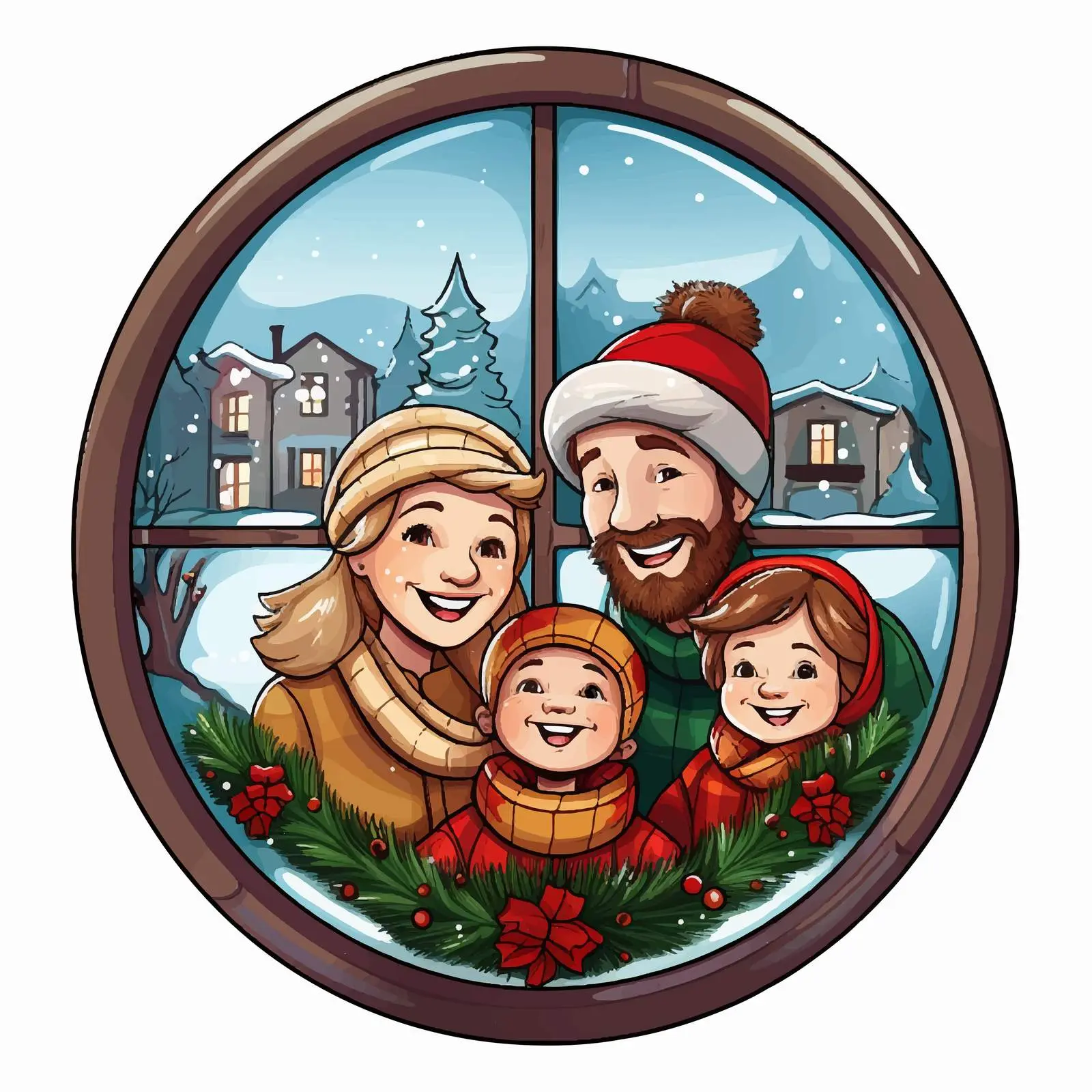 Family Christmas Scene Through Window Illustration — free download from Dotvec
