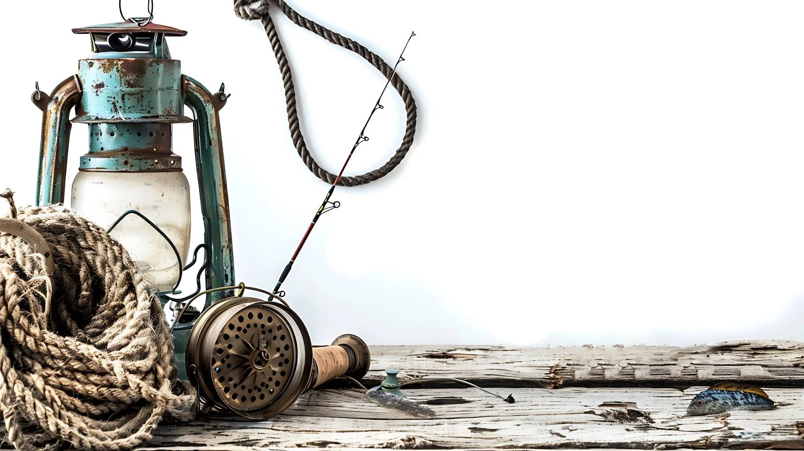 Rustic Fishing Gear and Lantern on Weathered Wood — free download from Dotvec
