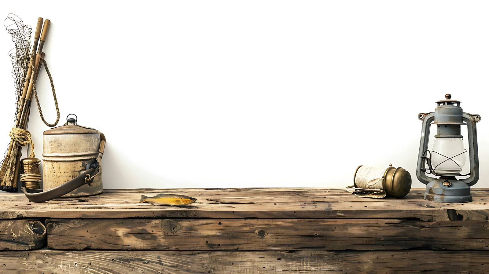 Antique Fishing Gear and Lantern on Weathered Wood — free download from Dotvec