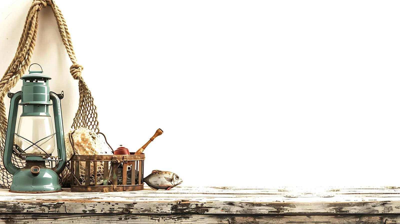 Antique Fishing Gear and Lantern on Weathered Wooden Surface — free download from Dotvec
