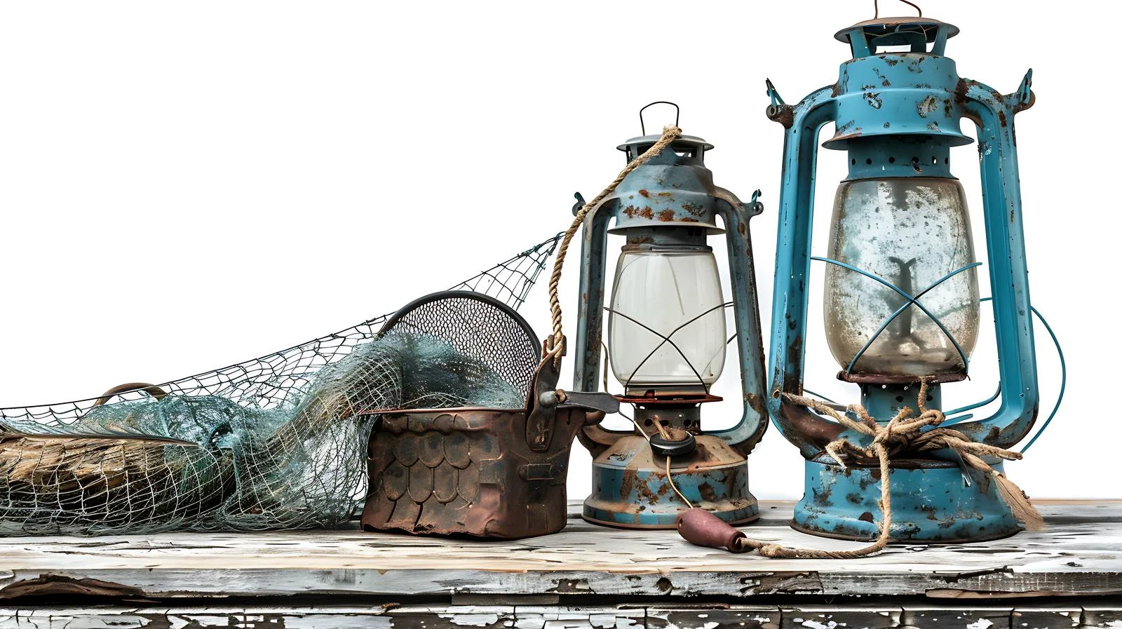 Antique fishing gear and lantern on worn wood — free download from Dotvec