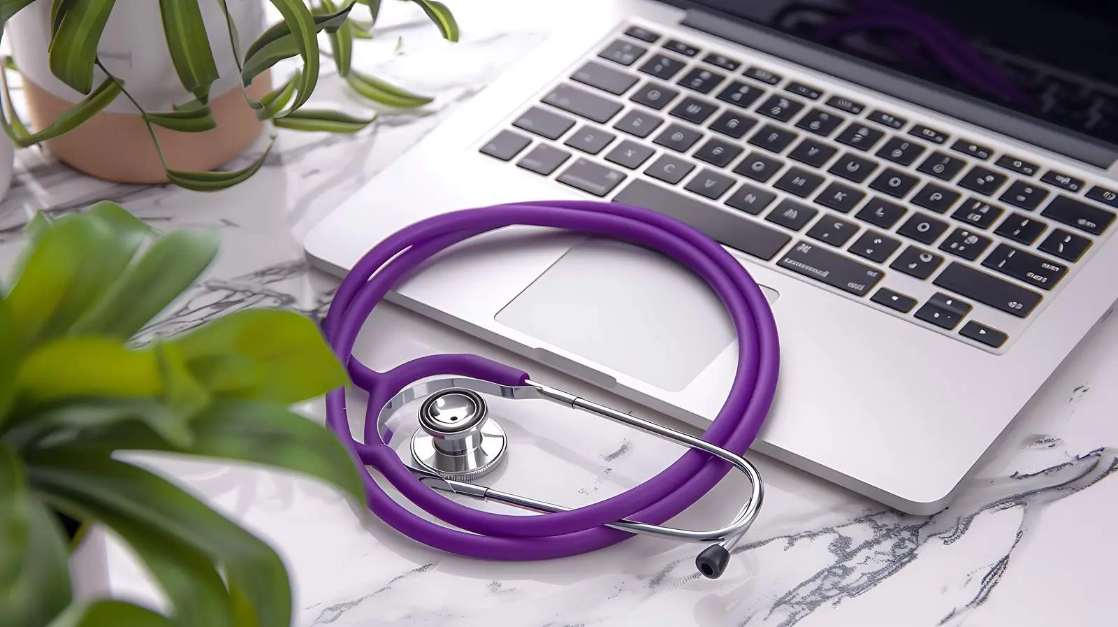 Violet Stethoscope on Laptop Isolated Background – free medical technology image from Dotvec