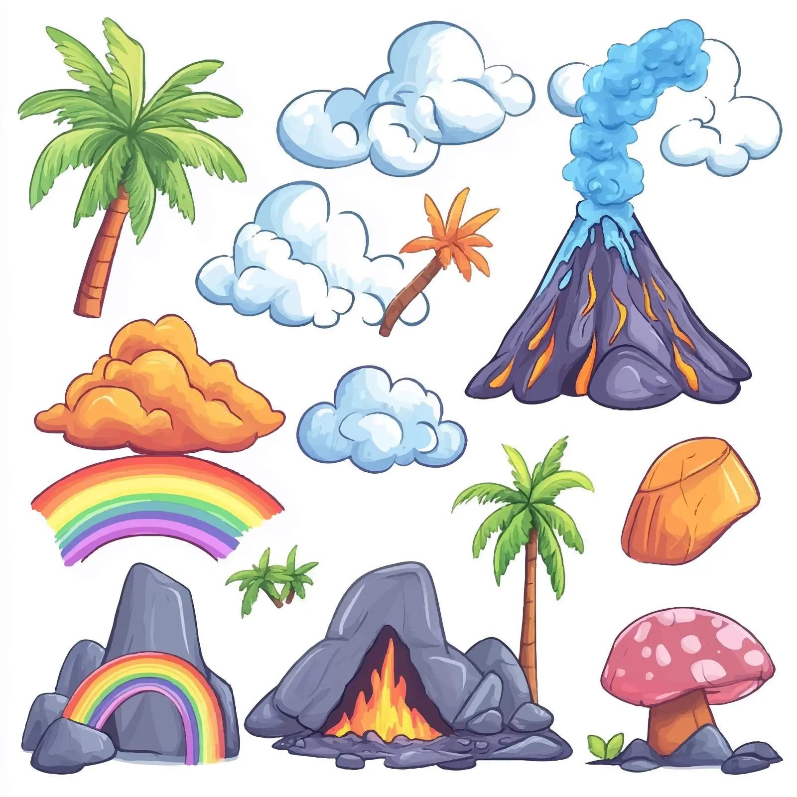 Hand-Drawn Volcano with Palm Trees and Rainbow — free download from Dotvec