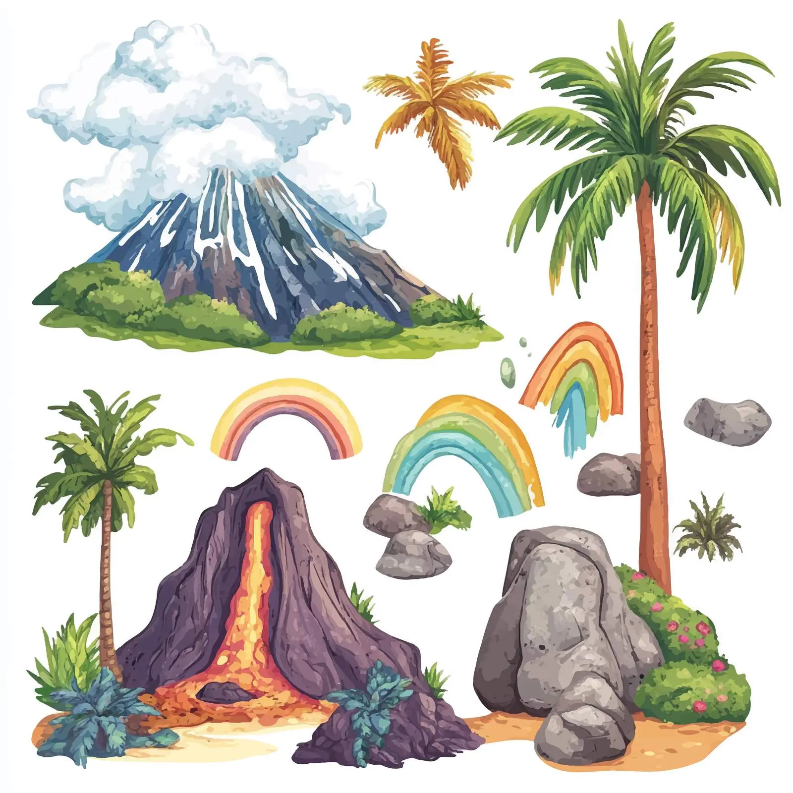 Vibrant Hand-Drawn Volcano with Palm Tree and Rocks — free download from Dotvec