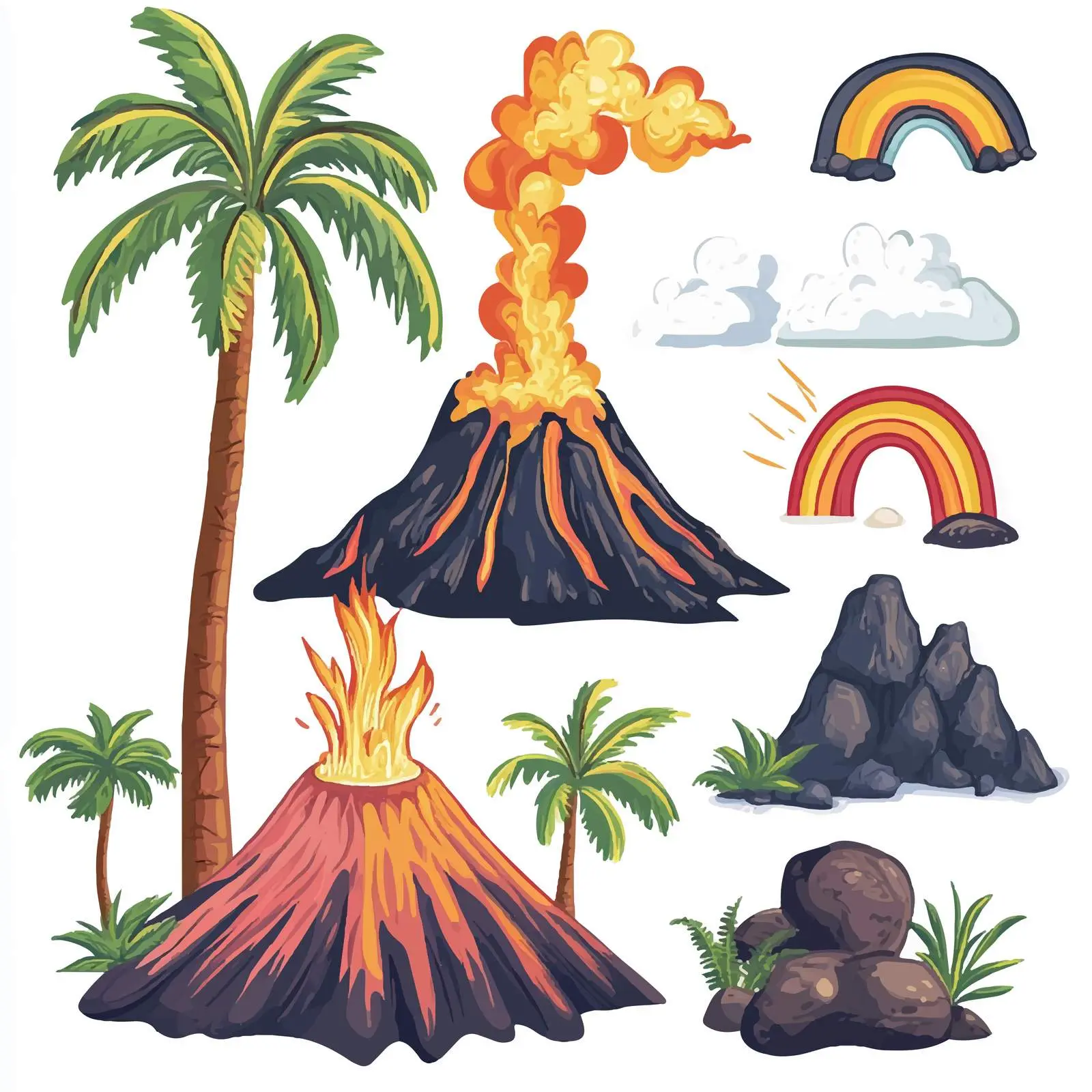 Hand-Drawn Volcano with Palm Trees and Rainbow — free download from Dotvec