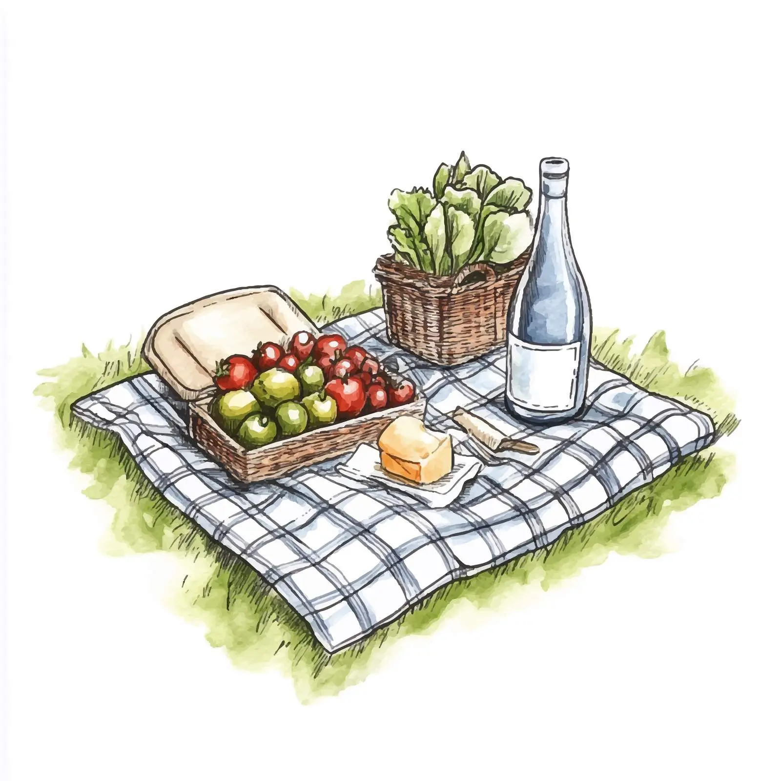 Checkered Picnic Watercolor Hand-Drawn Sketch — free download from Dotvec