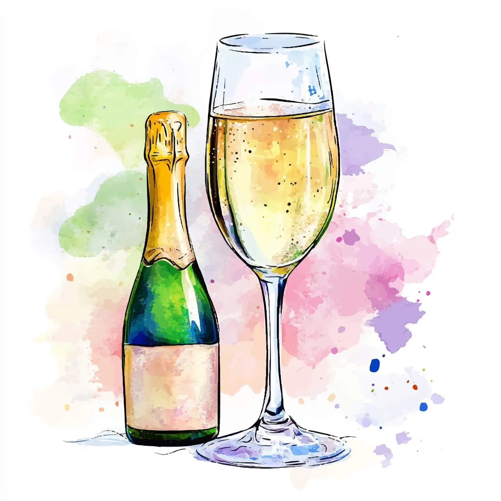 Hand-Drawn Watercolor Champagne and Glass Illustration — free download from Dotvec