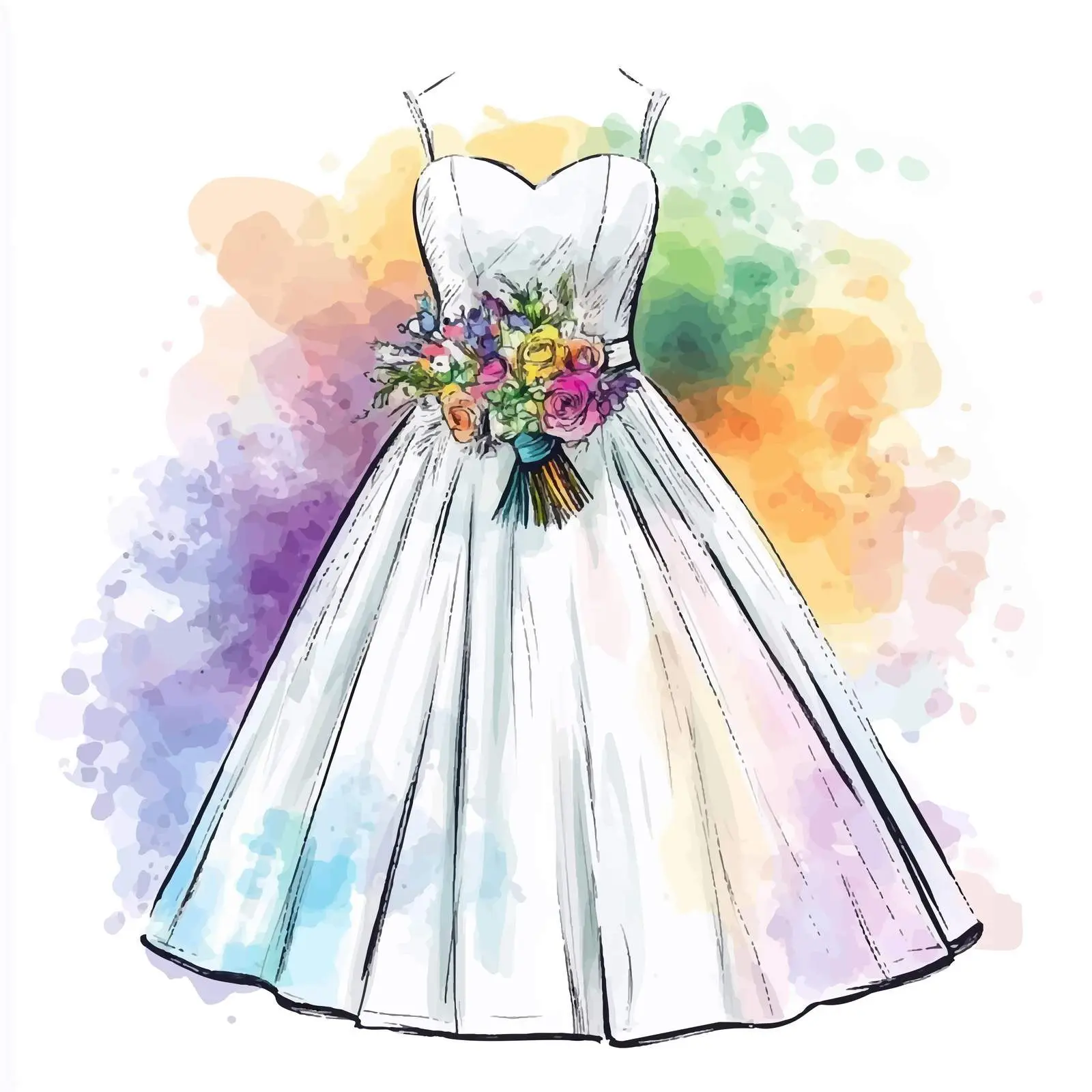 Colorful Hand-Drawn Wedding Gown Watercolor Sketch — free download from Dotvec