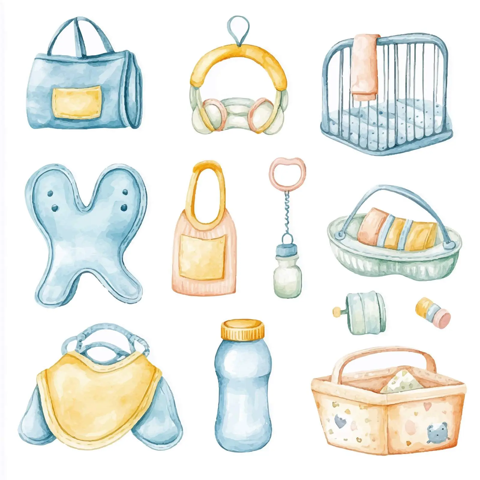 Colorful Watercolor Baby and Infant Item Sketches — free download from Dotvec