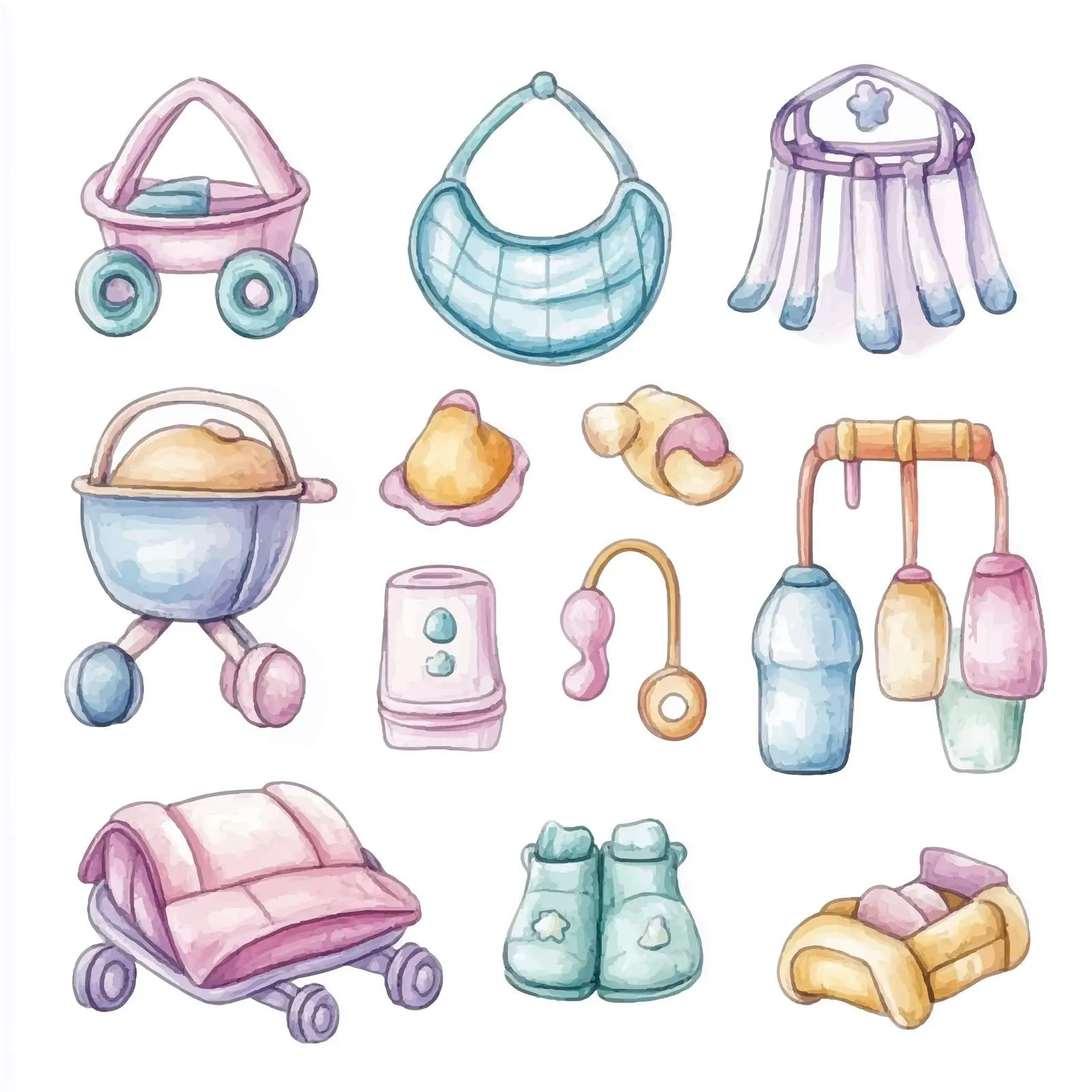 Colorful Watercolor Sketches of Baby Items — free download from Dotvec