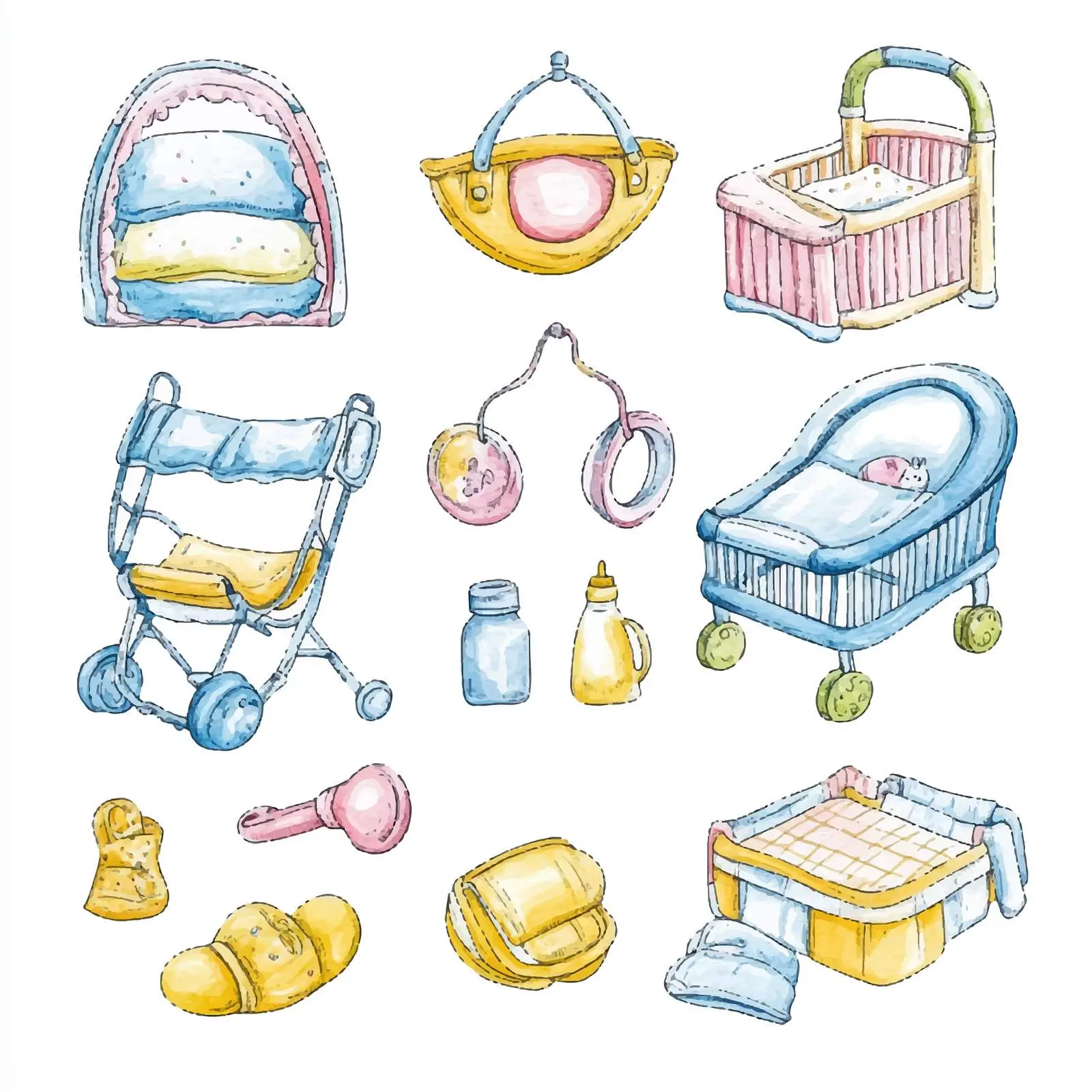 Colorful Watercolor Sketches of Baby Items — free download from Dotvec