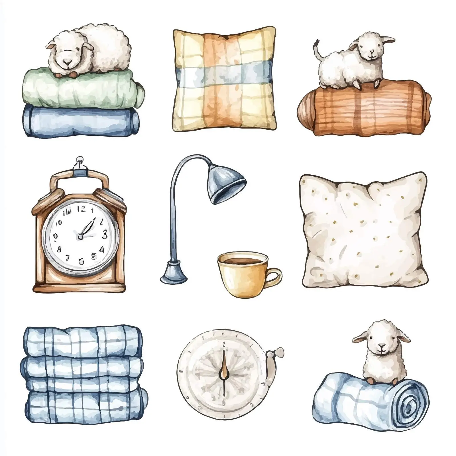 Colorful Watercolor Bedtime Attributes Vector Set — free download from Dotvec