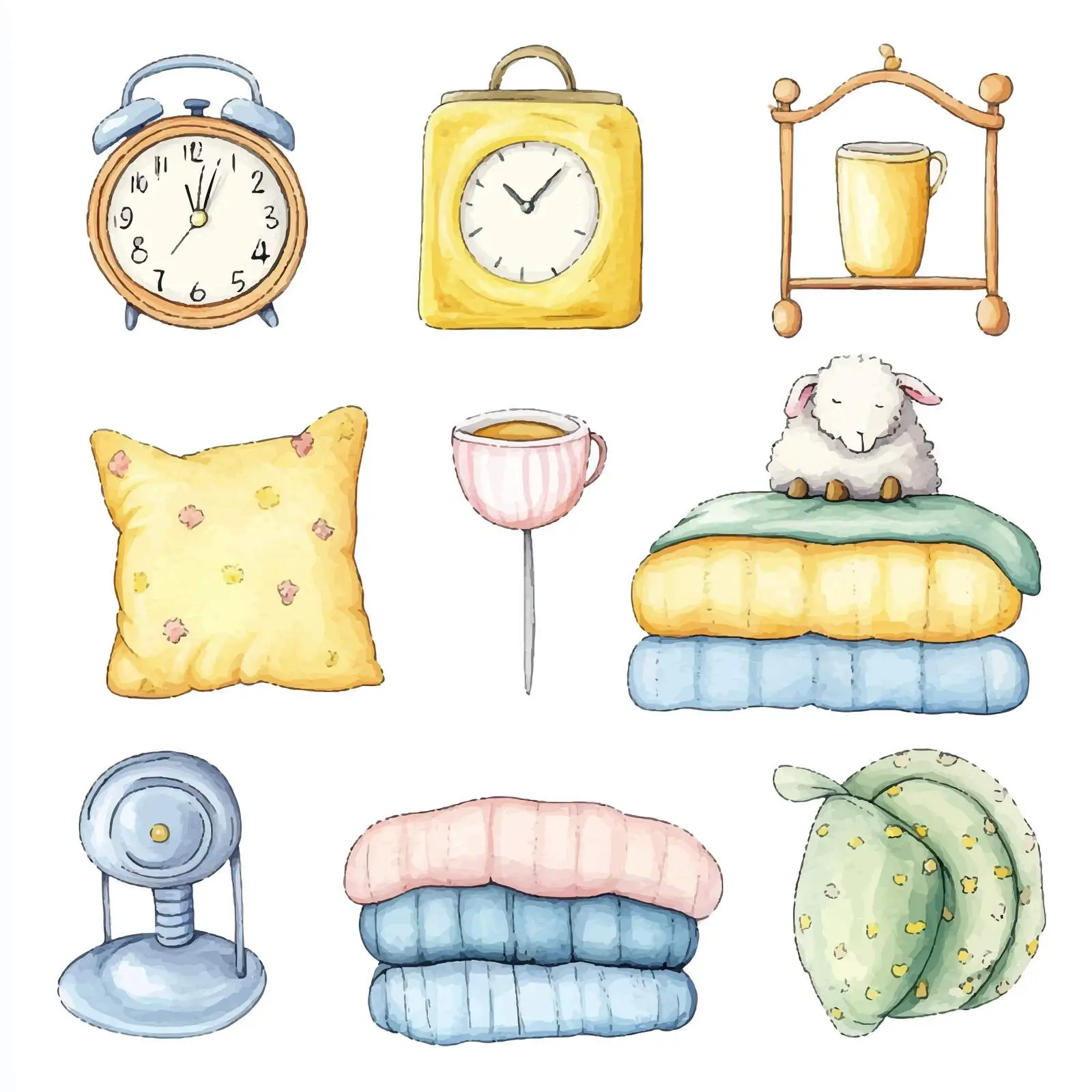 Colorful Watercolor Bedtime Attributes Vector Set — free download from Dotvec
