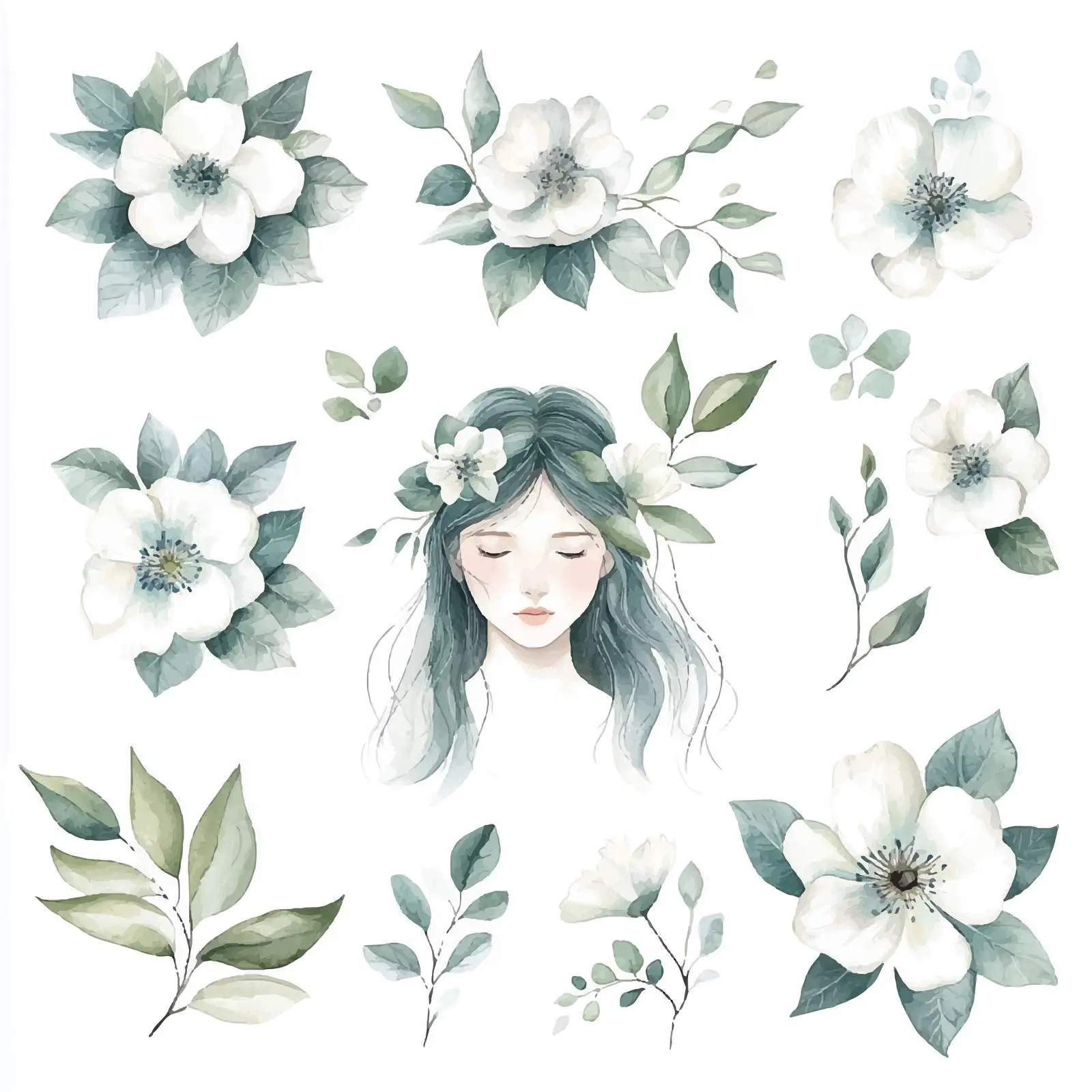 Watercolor Floral Illustration Collection with Green Leaves — free download from Dotvec