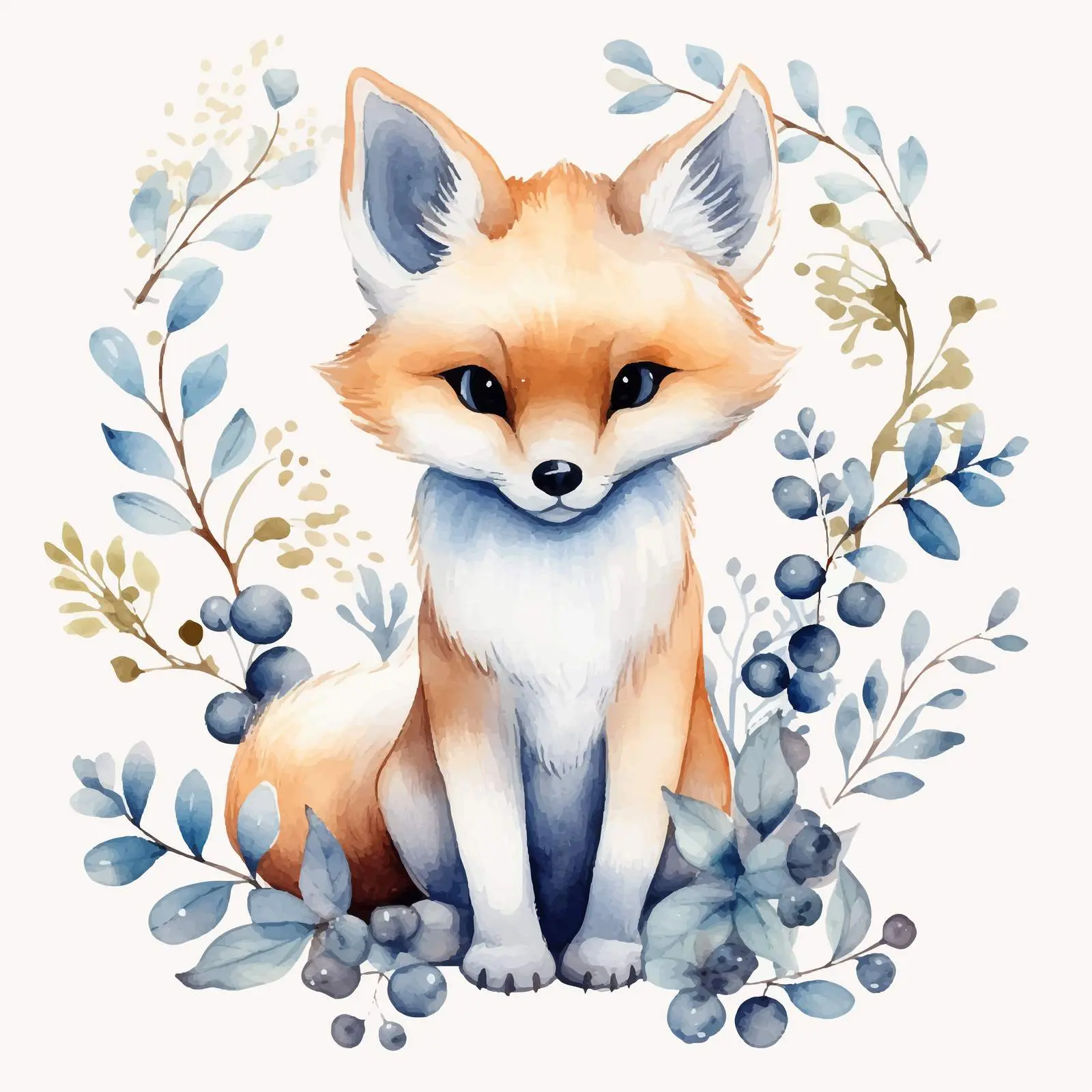Watercolor Fox with Sprouts and Olive Berries — free download from Dotvec