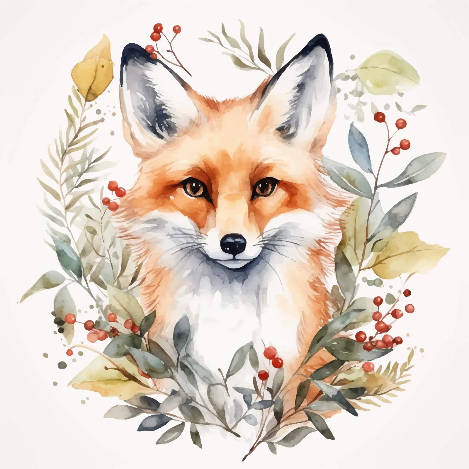 Doodle Style Watercolor Fox with Olive Berries — free download from Dotvec