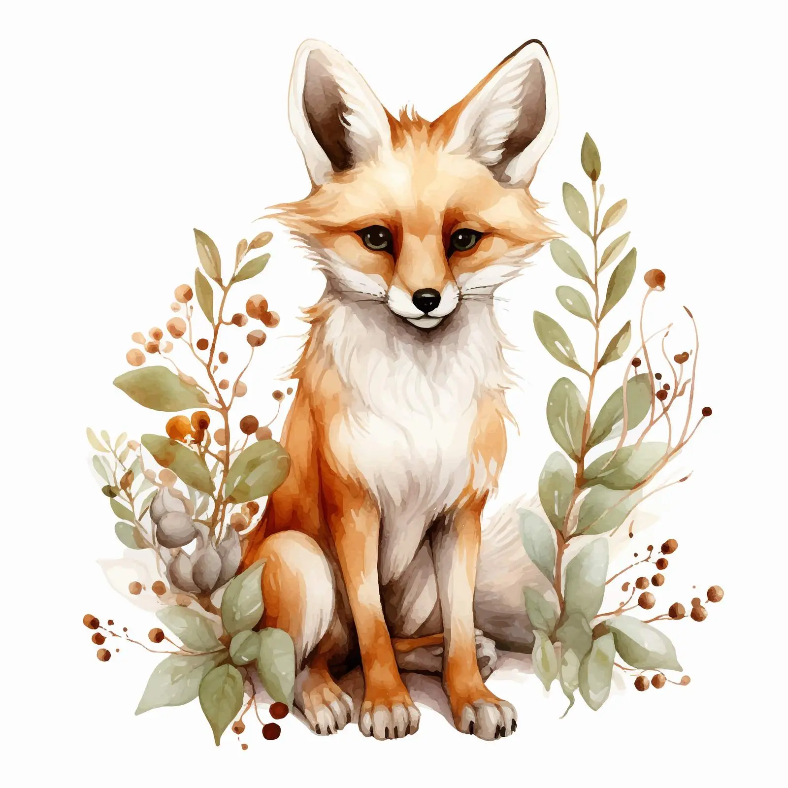 Watercolor Fox with Sprouts and Olive Berries — free download from Dotvec