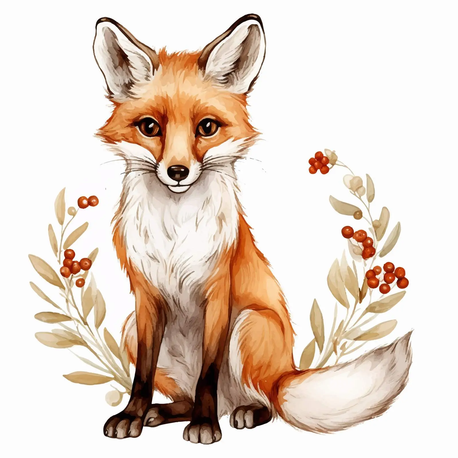 Whimsical Watercolor Fox with Sprouts and Berries — free download from Dotvec