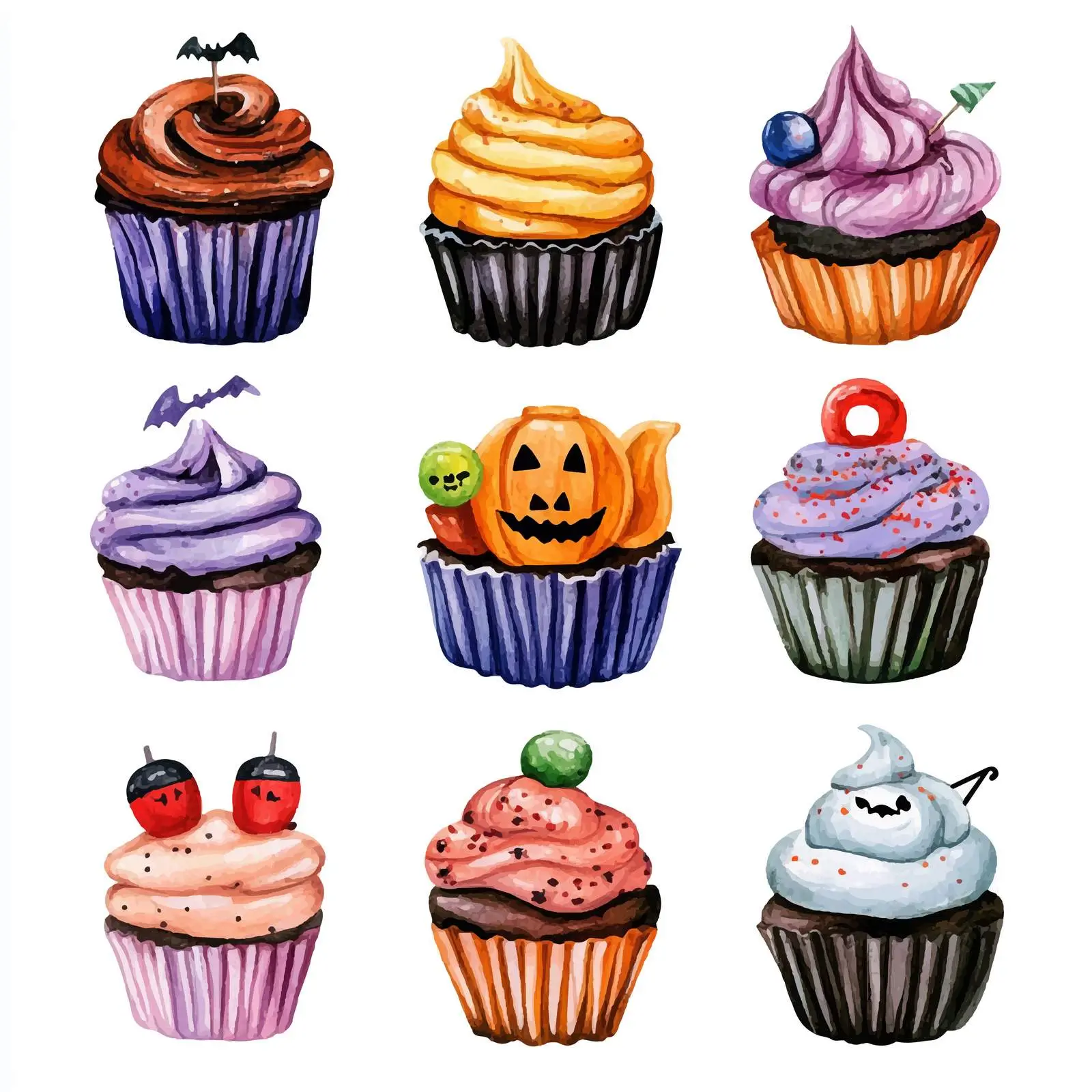 Spooky Watercolor Halloween Cupcakes with Candy Set — free download from Dotvec