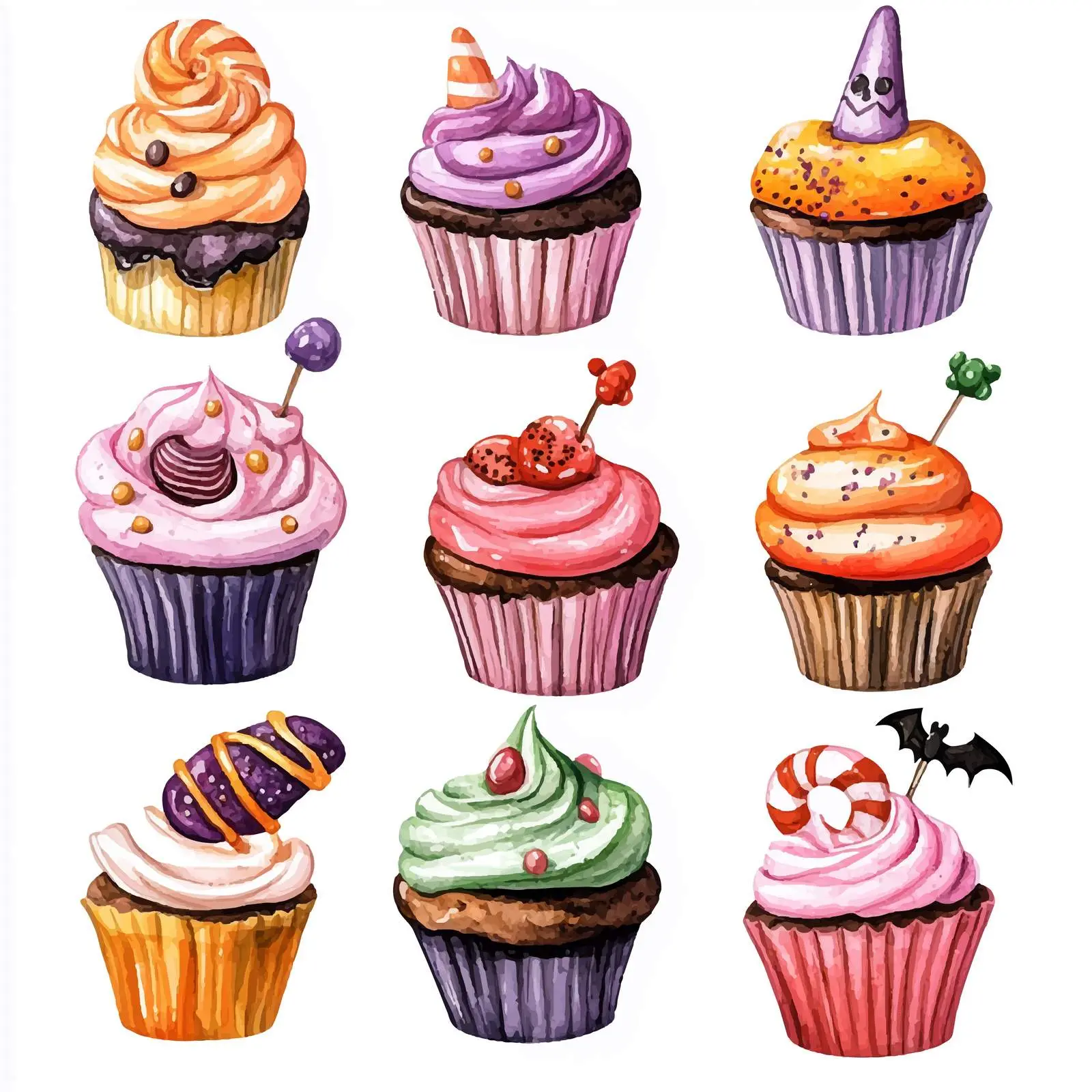 Spooky Watercolor Halloween Cupcakes with Candy — free download from Dotvec