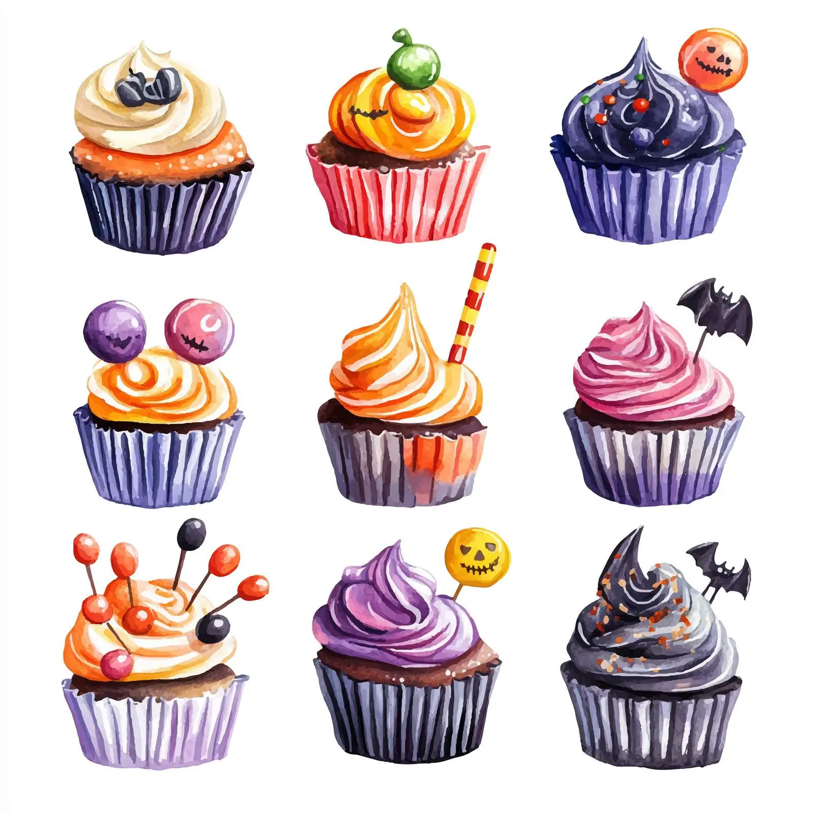 Watercolor Halloween Cupcakes with Candy Decorations — free download from Dotvec
