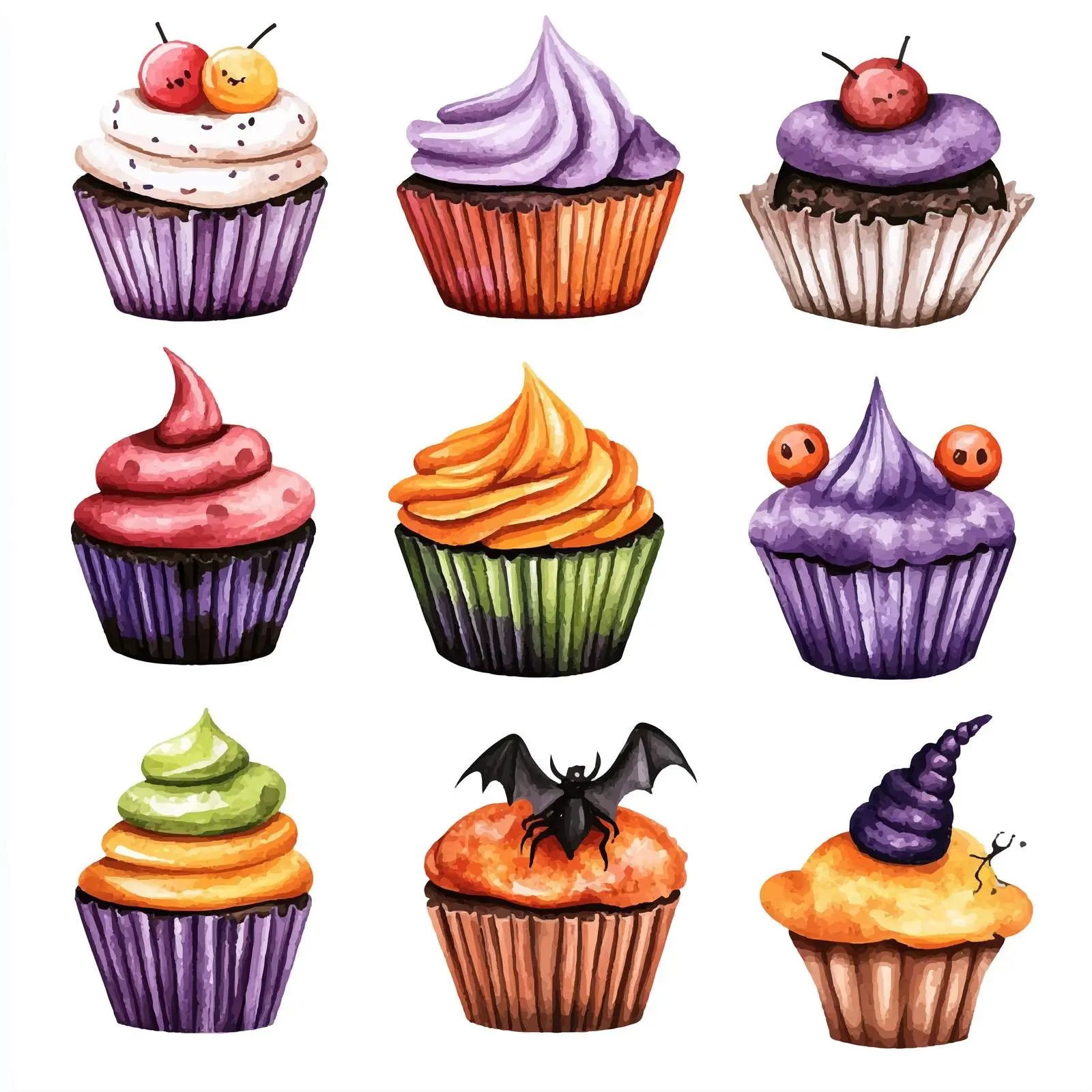 Spooky Watercolor Halloween Cupcakes with Candy — free download from Dotvec