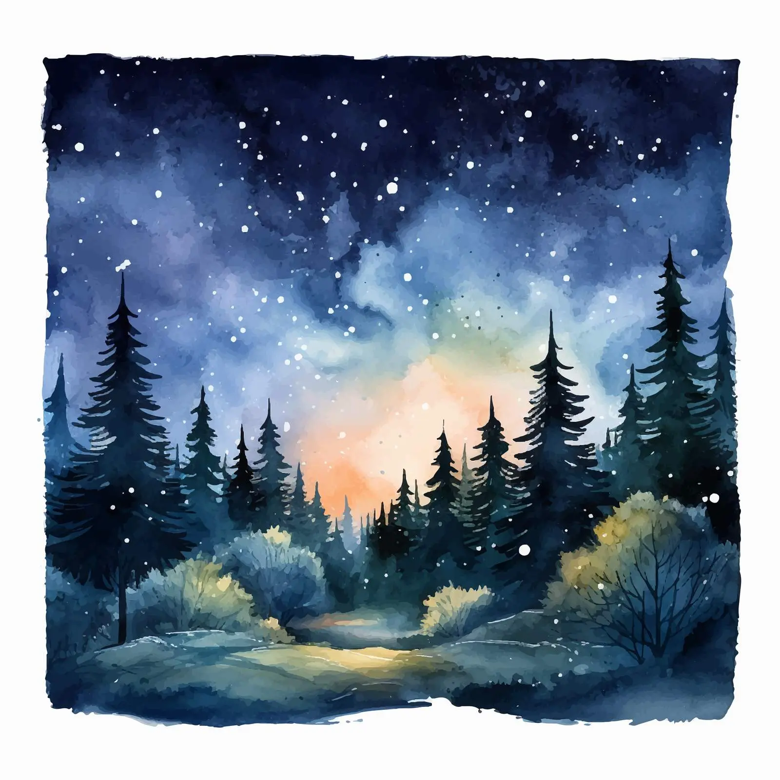 Starry Sky Watercolor Landscape in Forest — free download from Dotvec