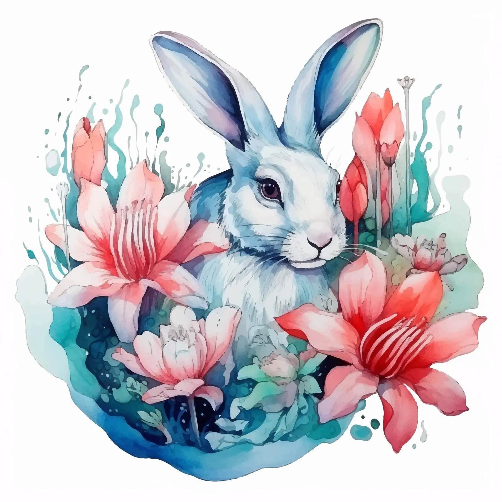 Watercolor Lilies and Rabbit Doodle Vector Art — free download from Dotvec