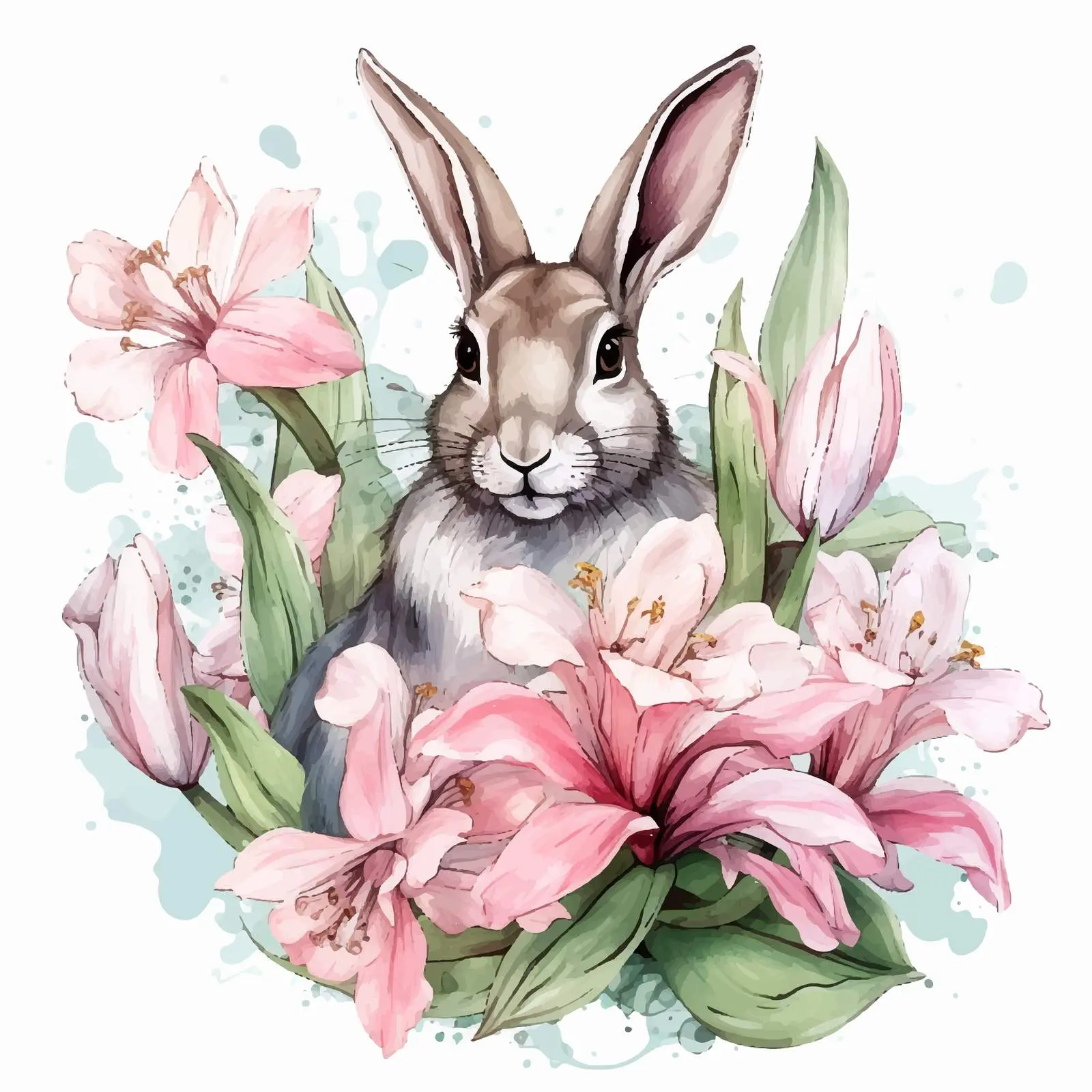 Watercolor Lilies and Rabbit Doodle Art — free download from Dotvec