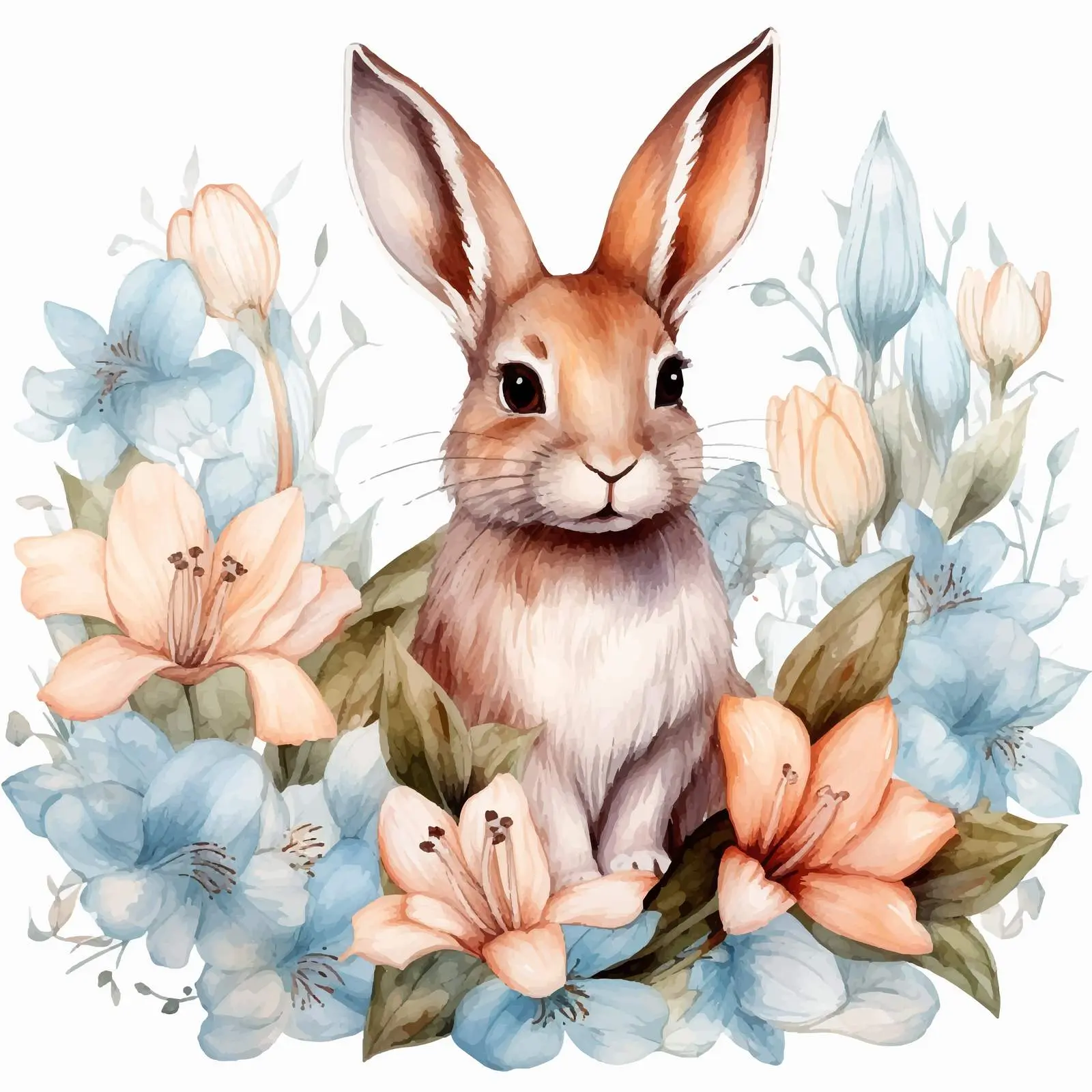 Watercolor Lilies and Doodle Style Rabbit — free download from Dotvec