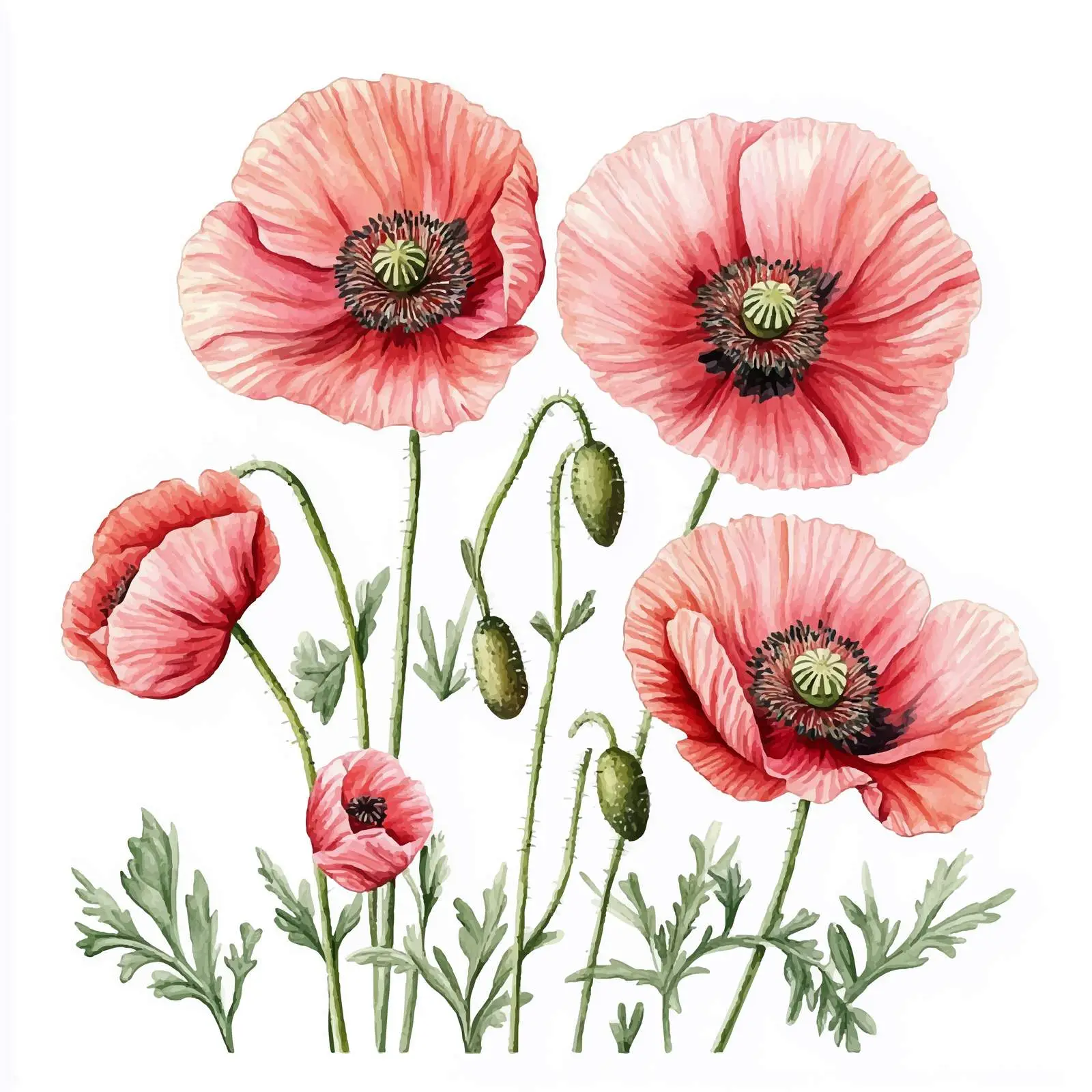 Watercolor Poppies and Buds on White Background — free download from Dotvec
