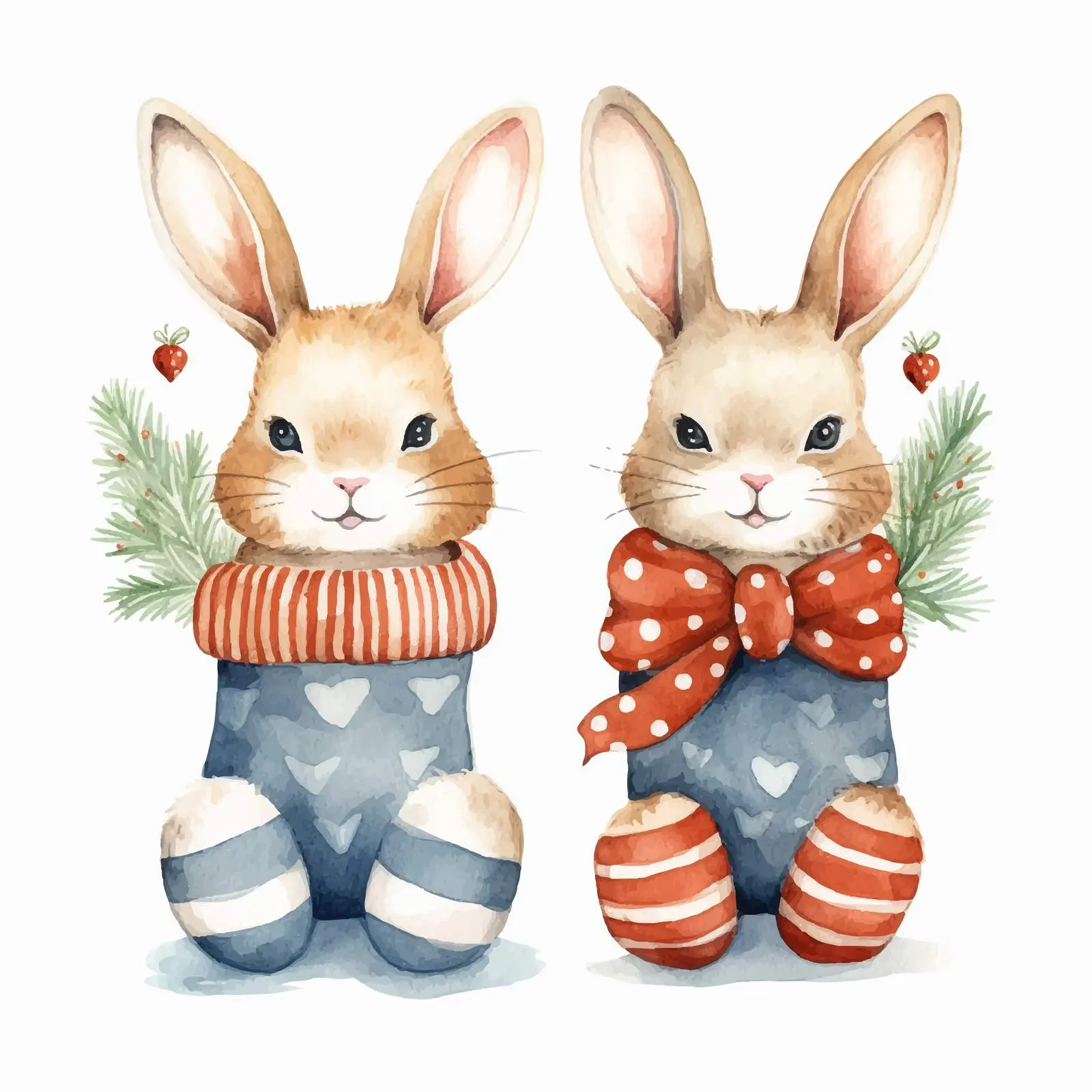 Watercolor Rabbits in Socks for Happy Holidays — free download from Dotvec