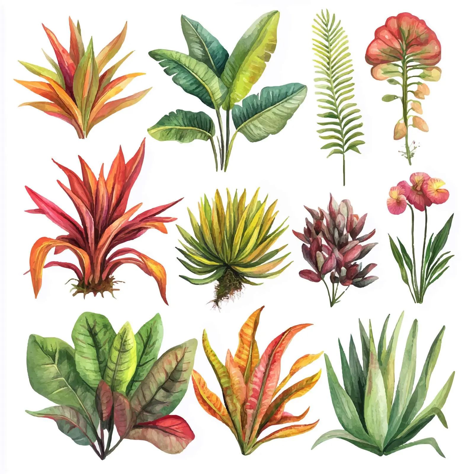 Exotic Plants Watercolor Illustration with Predators – free artistic plants image from Dotvec