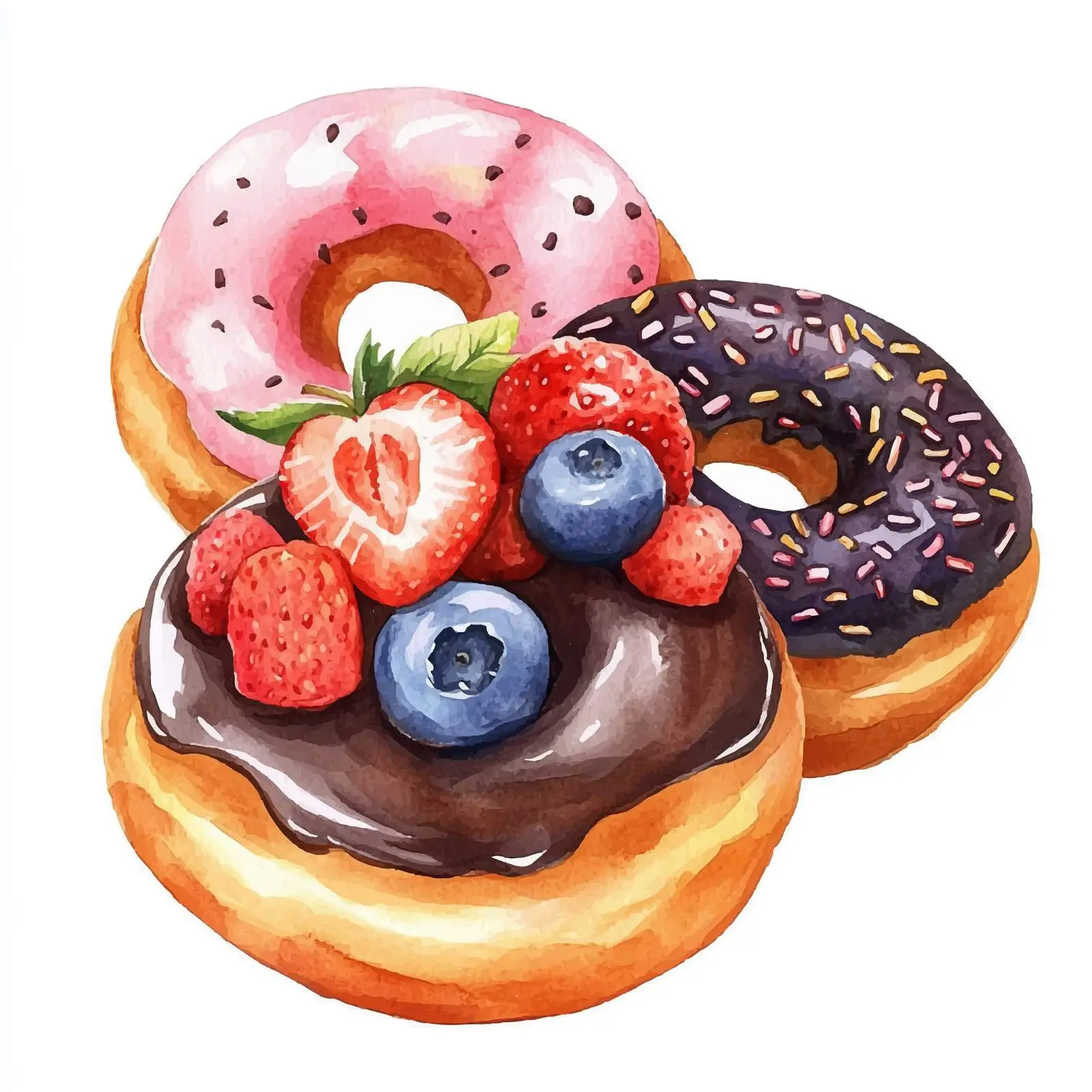 Watercolor Sweet Donuts with Fruit and Chocolate Glaze — free download from Dotvec